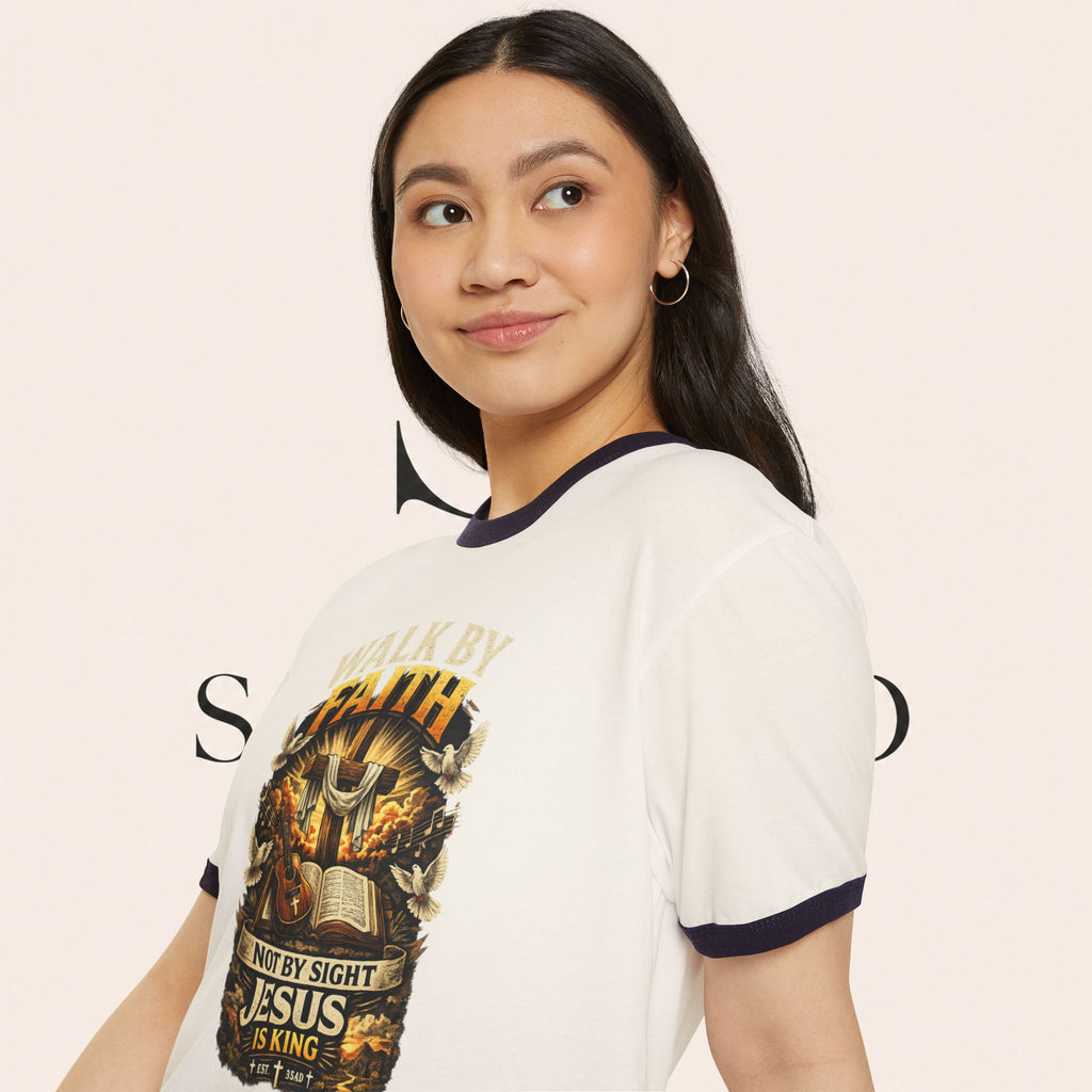 Walk by Faith Ringer T‑Shirt — 'Not By Sight Jesus Is King' Christian Tee