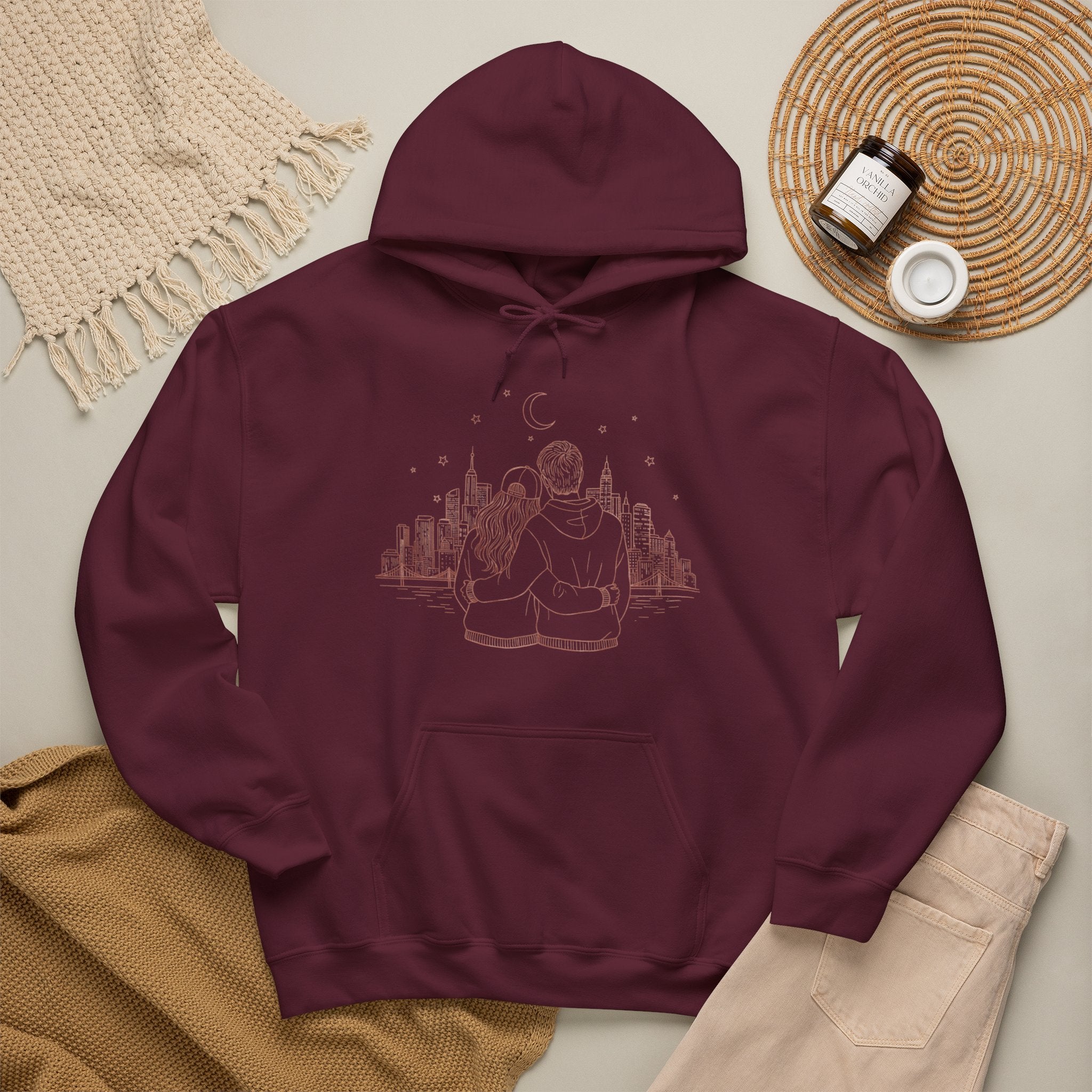 Calm City Meditation Hoodie — Zen Seated Figure Skyline Design