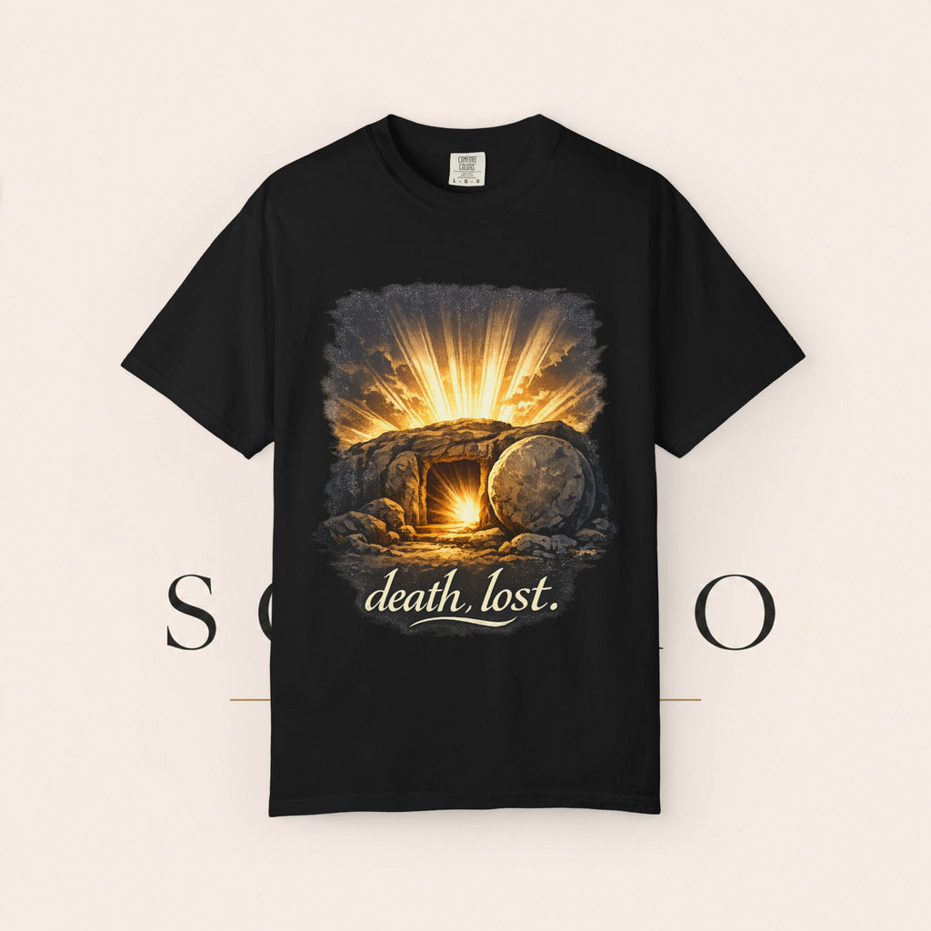 T-Shirt — Sunrise Tomb Graphic ‘death, lost.’ Memorial Tee