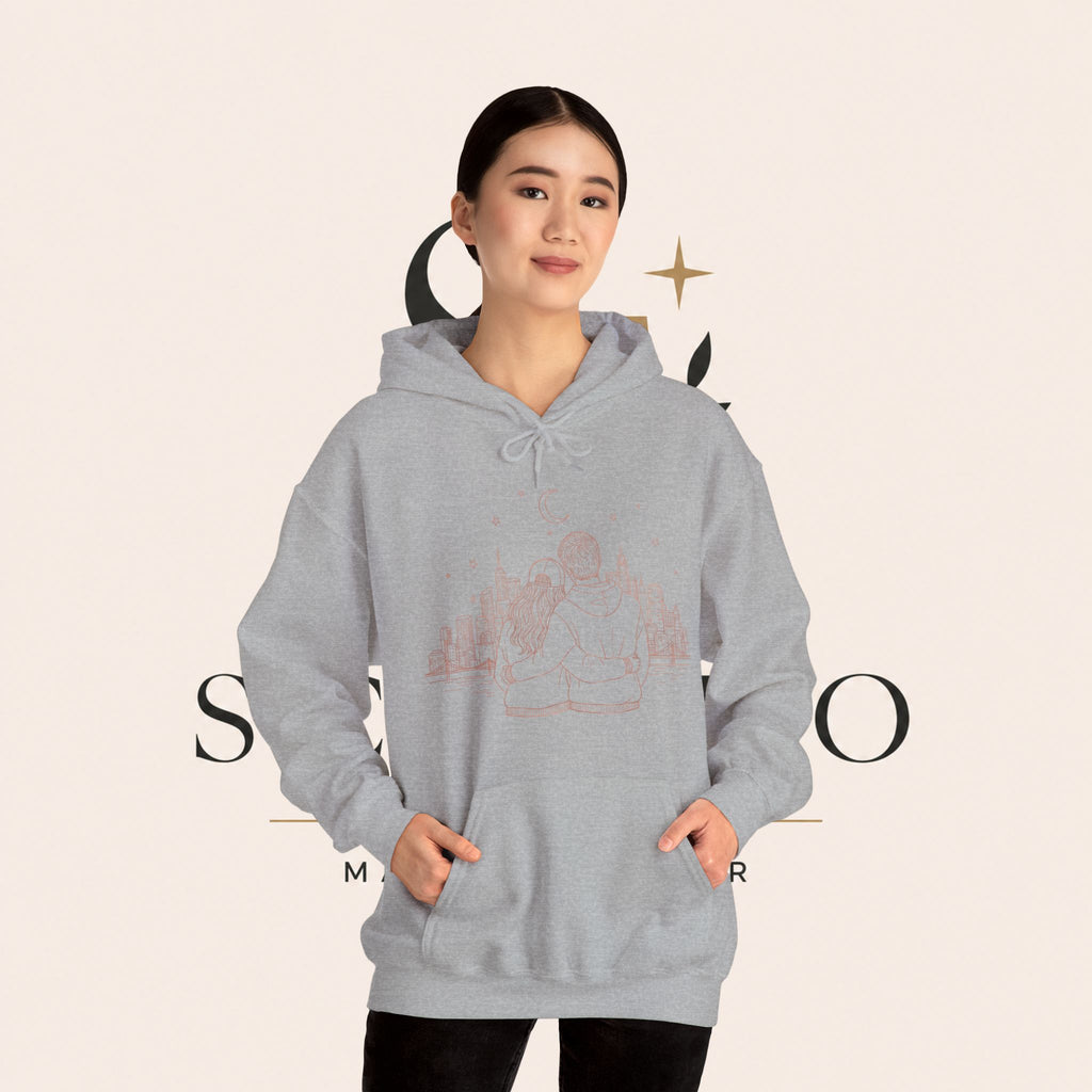 Calm City Meditation Hoodie — Zen Seated Figure Skyline Design
