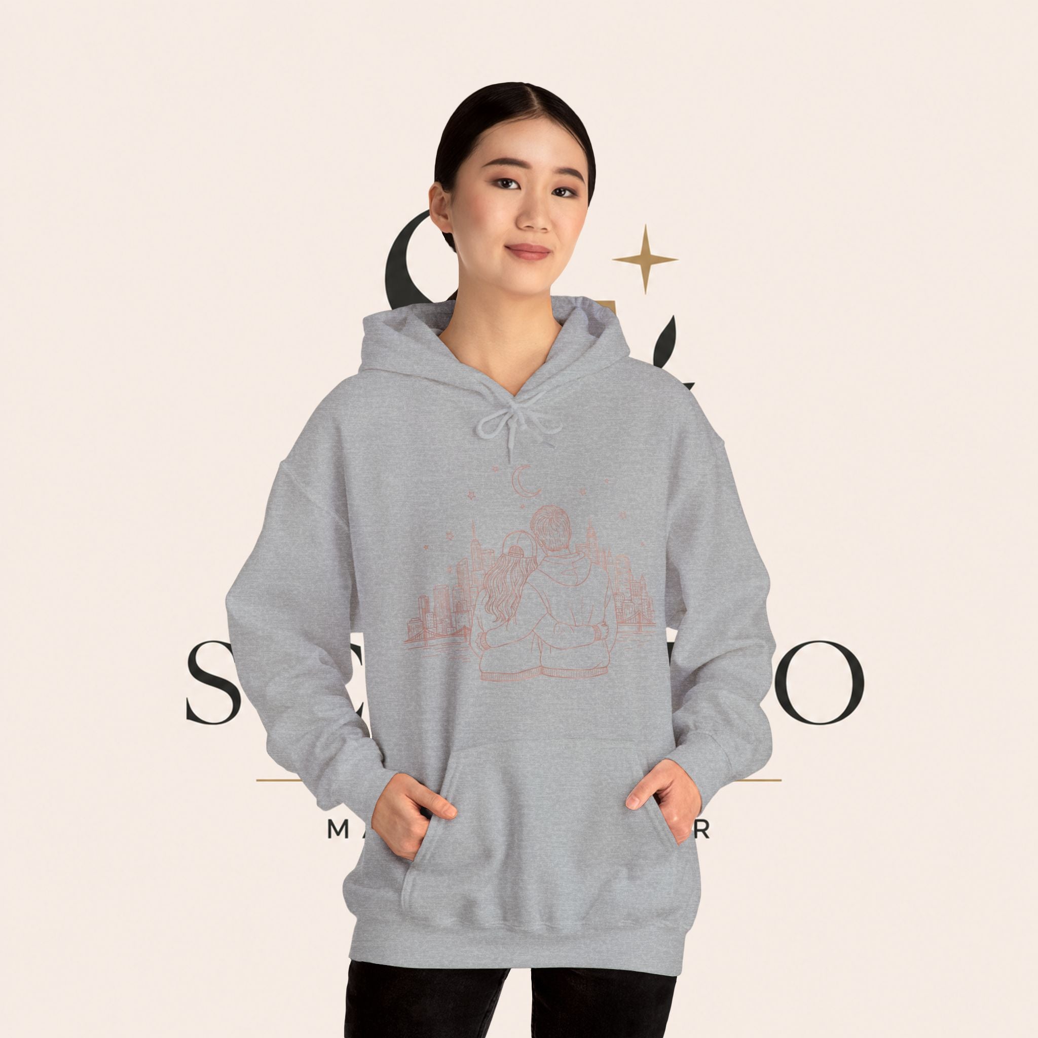 Calm City Meditation Hoodie — Zen Seated Figure Skyline Design