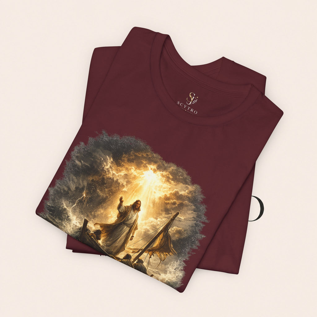 Peace Speaks Louder Christian T‑Shirt — Jesus Calming the Storm Faith Tee