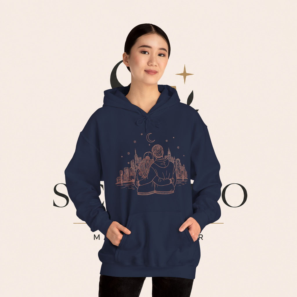 Calm City Meditation Hoodie — Zen Seated Figure Skyline Design