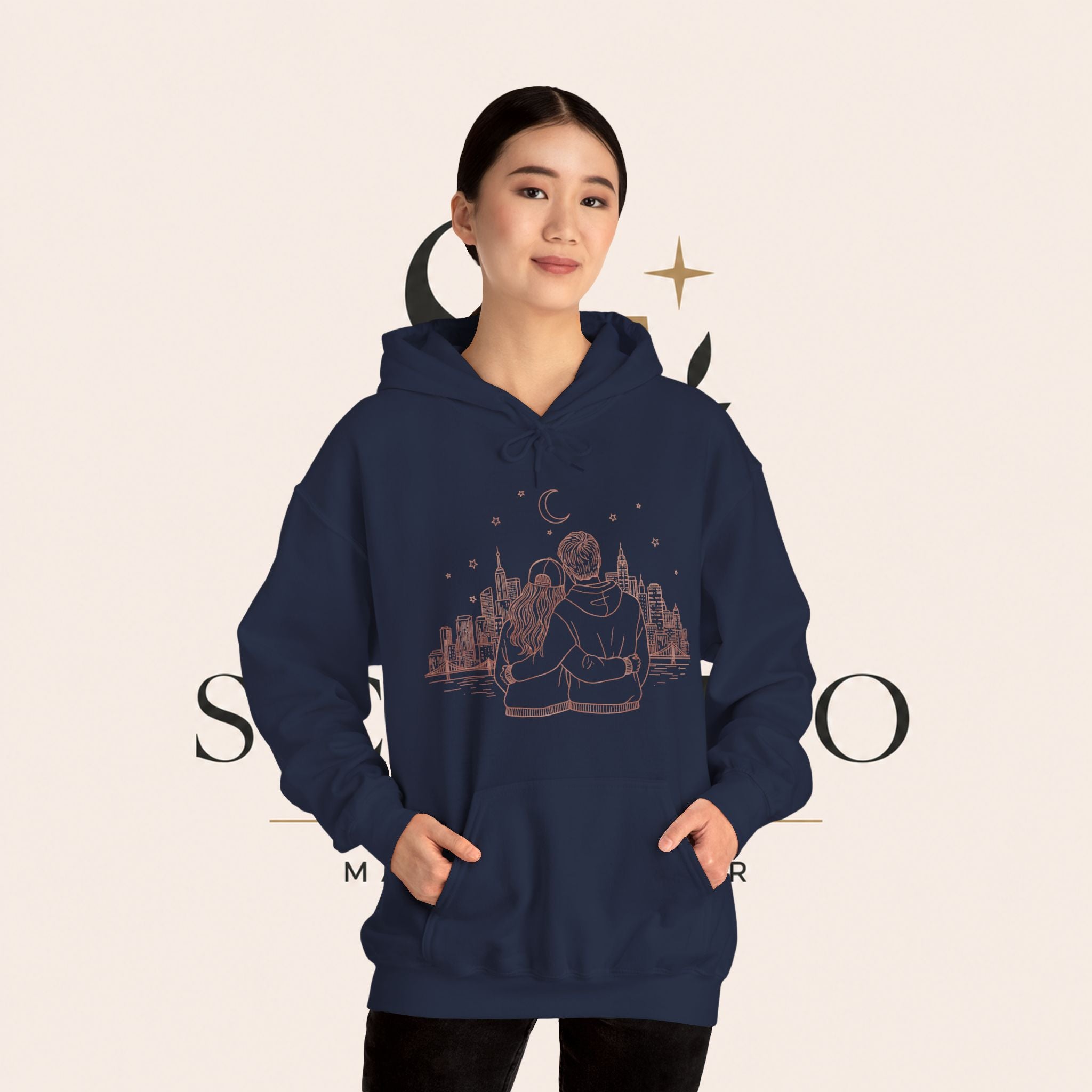Calm City Meditation Hoodie — Zen Seated Figure Skyline Design