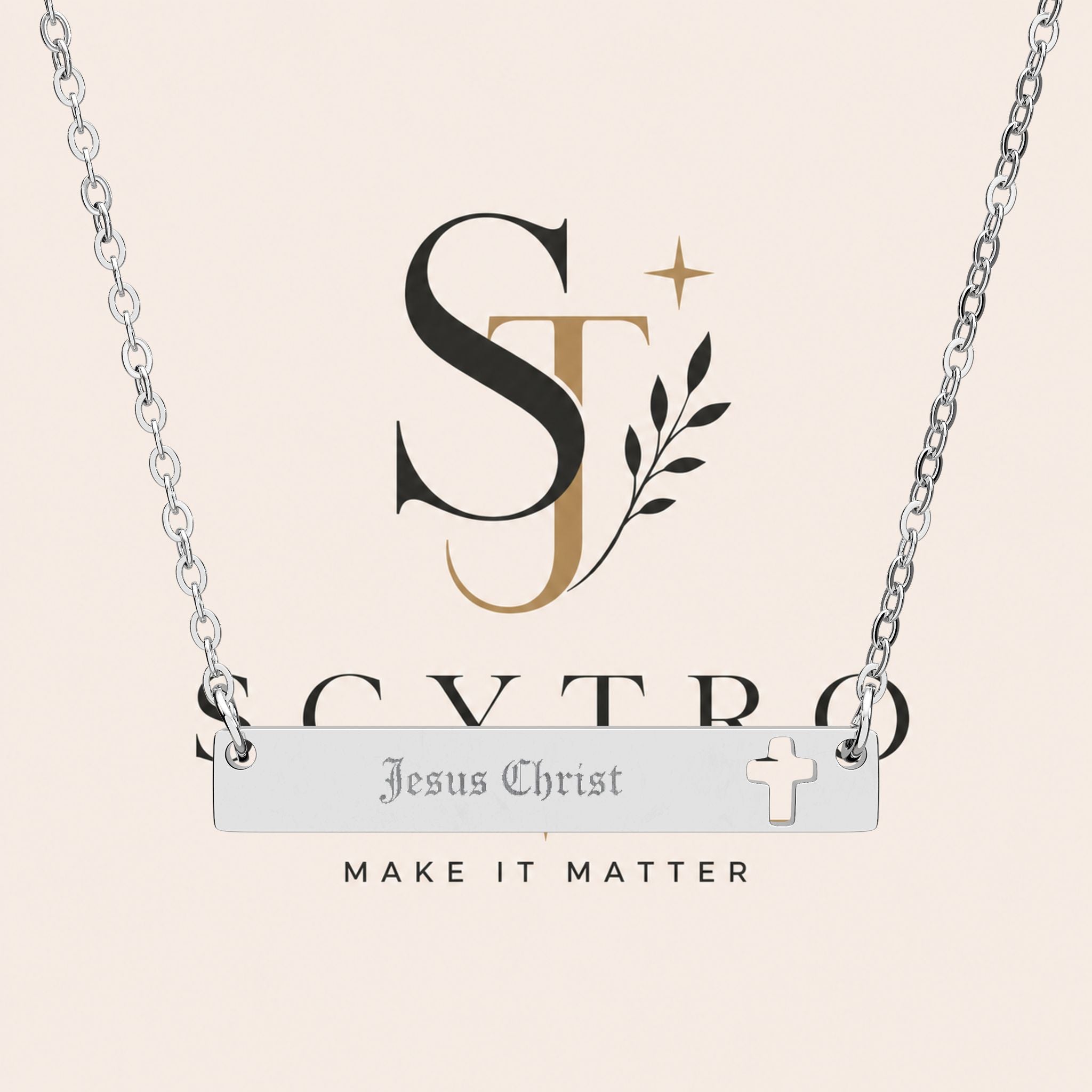 Engravable Cutout Cross Bar Necklace — Personalized Jesus Christ Name Plate