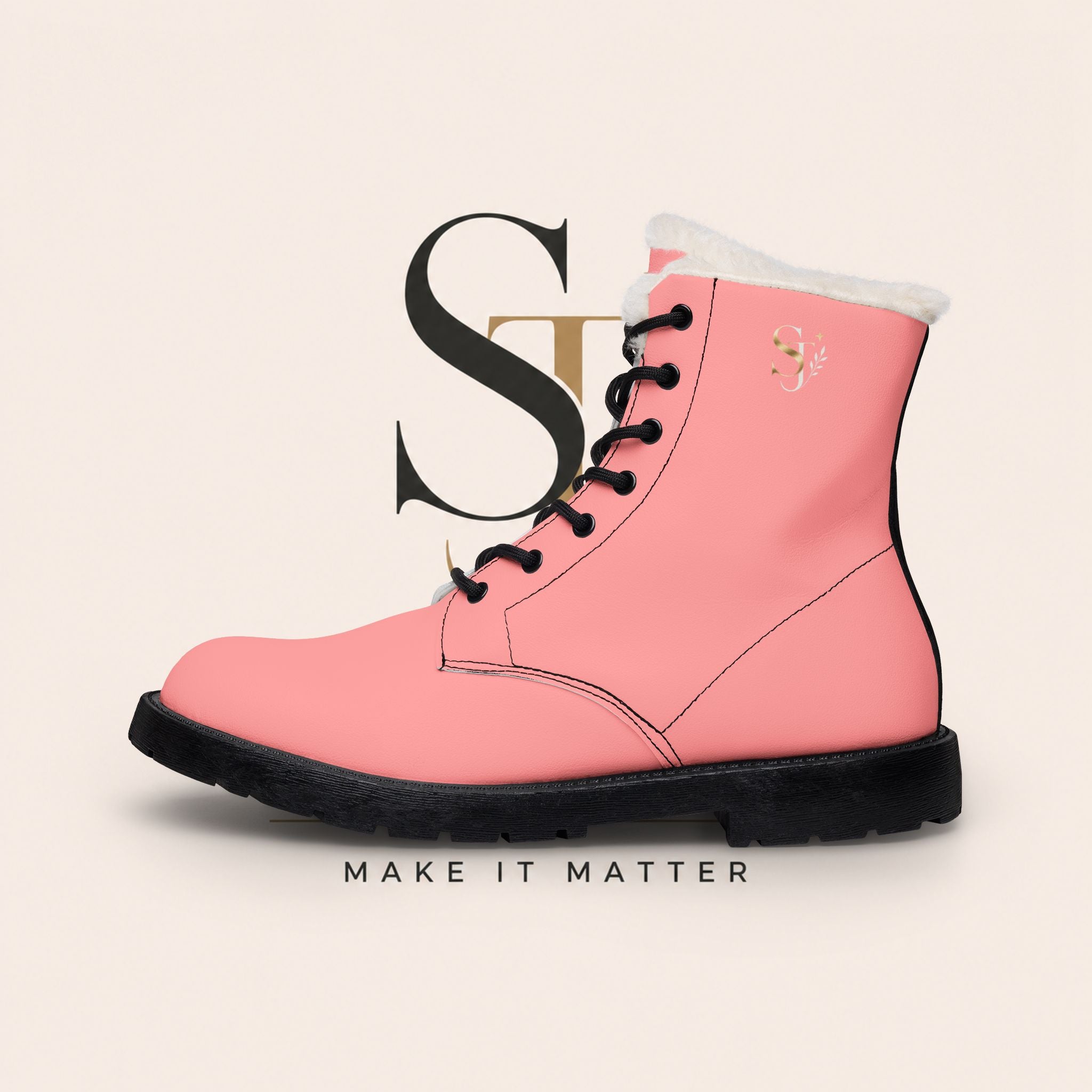 Women's Pink Fur-Lined Leather Boots — 'Make It Matter' Lace-Up Ankle Boots