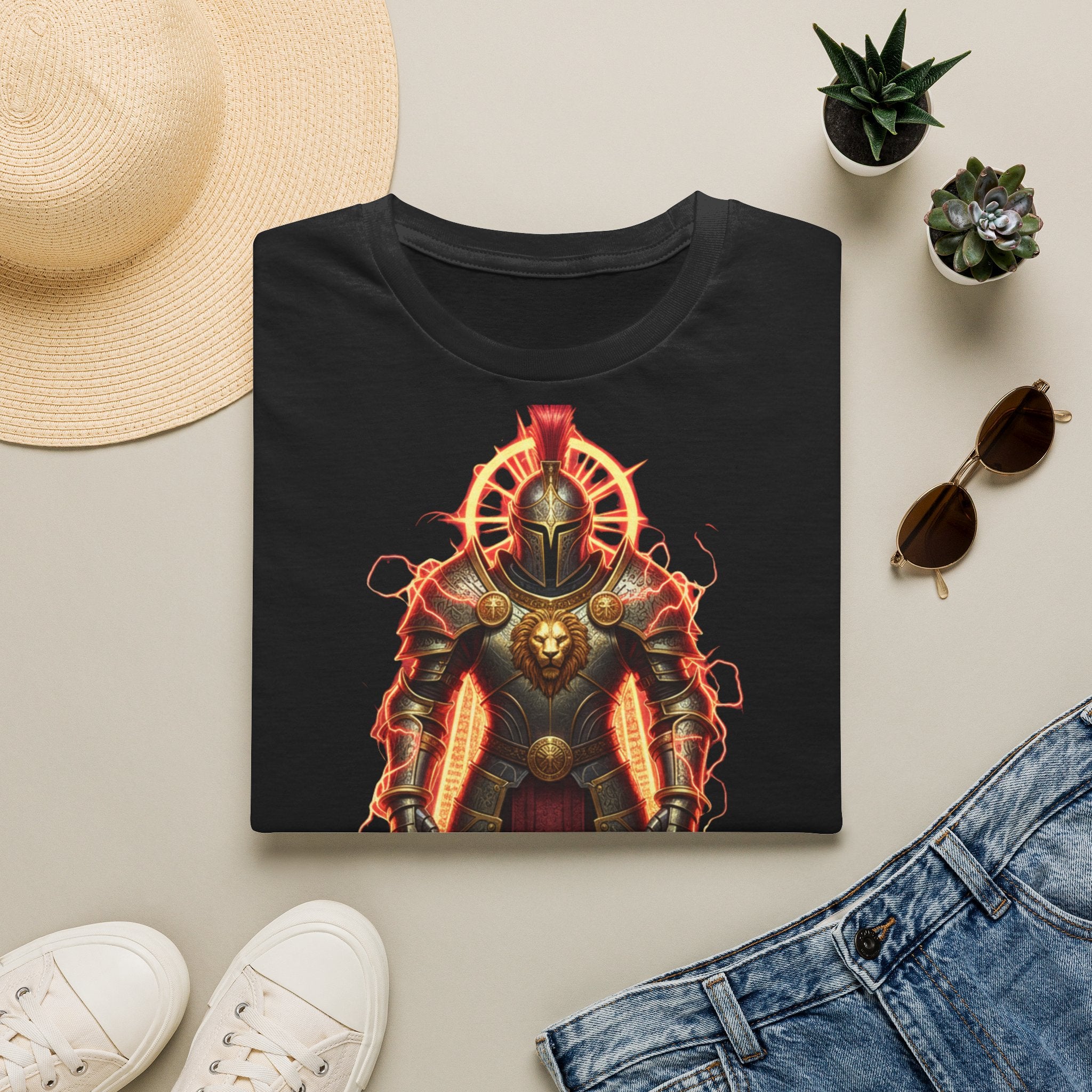 Knight of Flame Graphic T-Shirt — Fiery Medieval Armor Tee