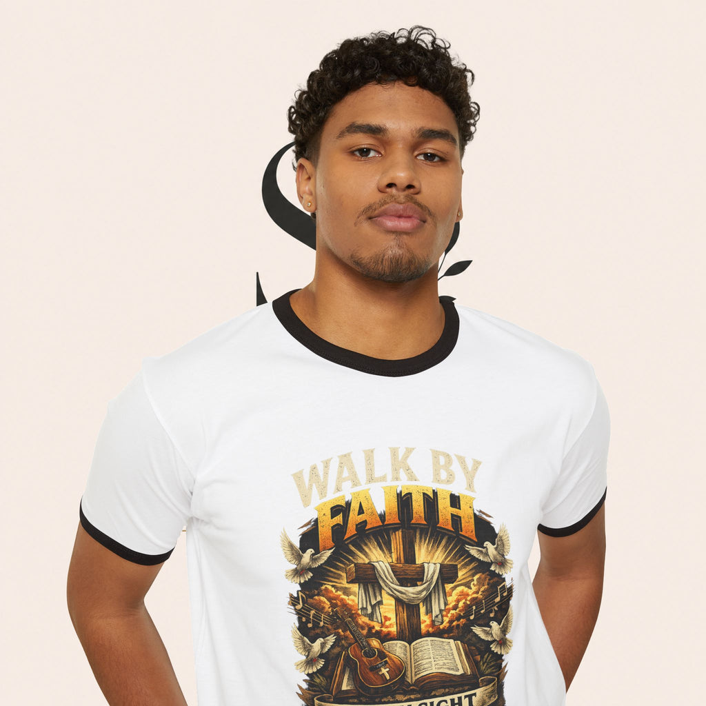 Walk by Faith Ringer T‑Shirt — 'Not By Sight Jesus Is King' Christian Tee