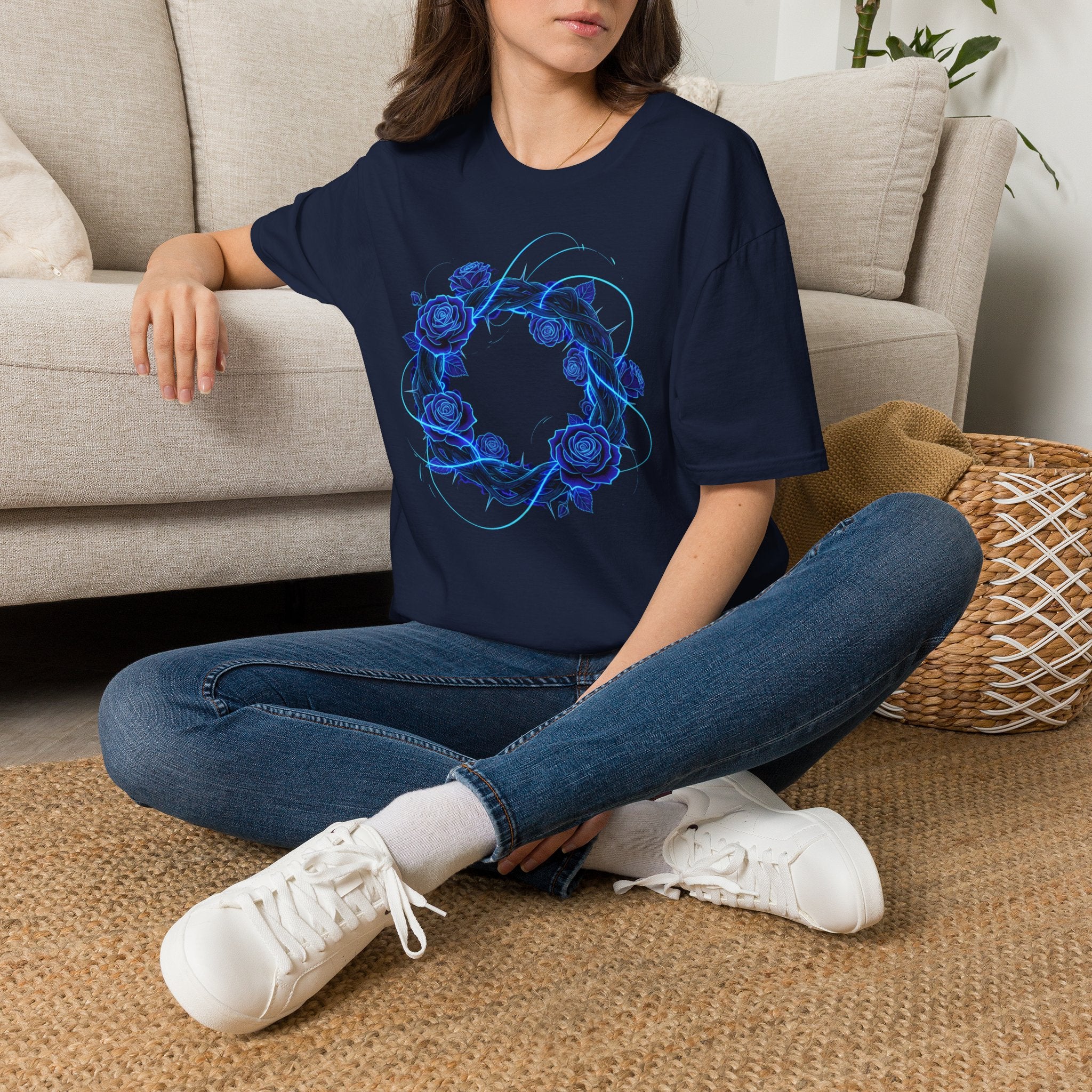 Blue Rose Wreath T-Shirt — Ethereal Floral Graphic Tee