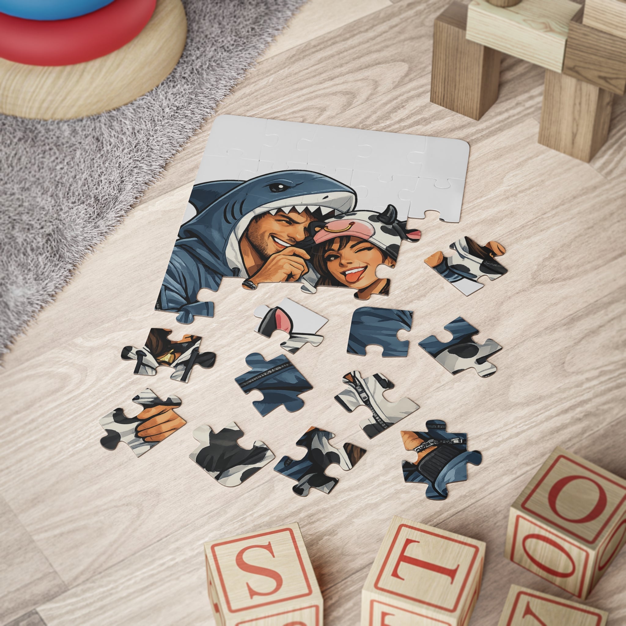 PG 30-Piece Kids Puzzle — Cute Couple in Shark & Cow Costumes