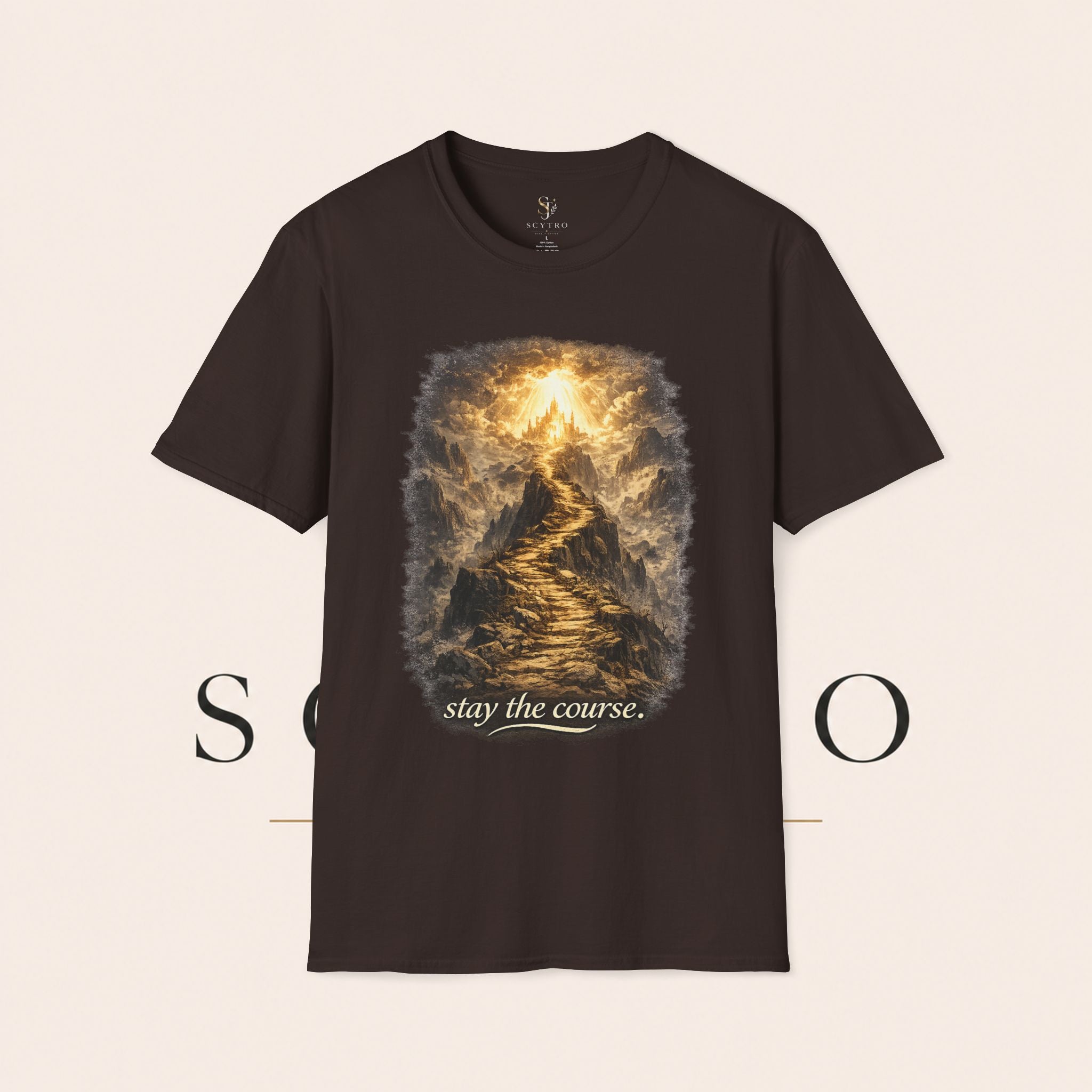 T-Shirt — 'Stay the Course' Ascending Light Mountain Graphic Tee