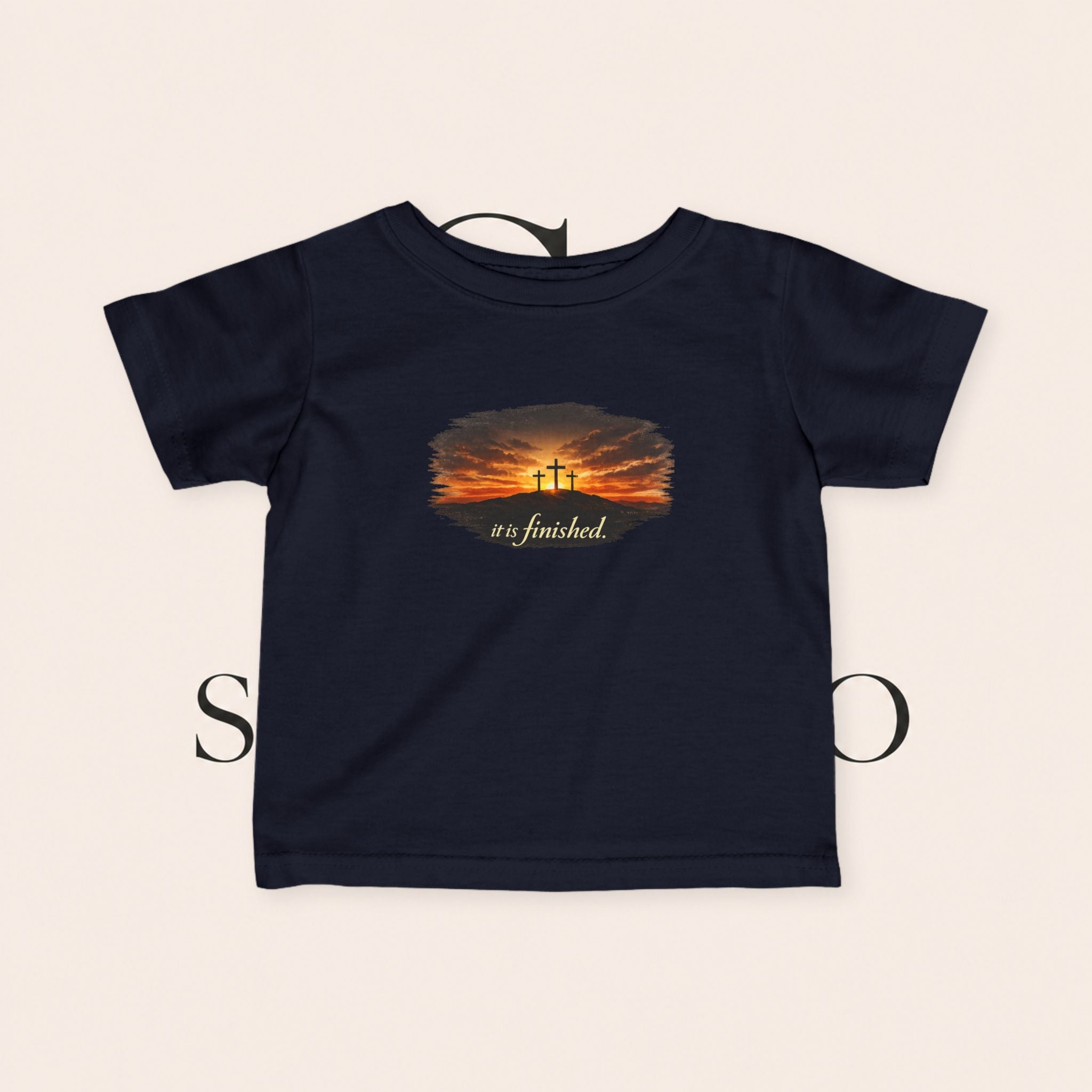 Infant Tee — Sunset Three Crosses "It Is Finished" Christian Baby Shirt