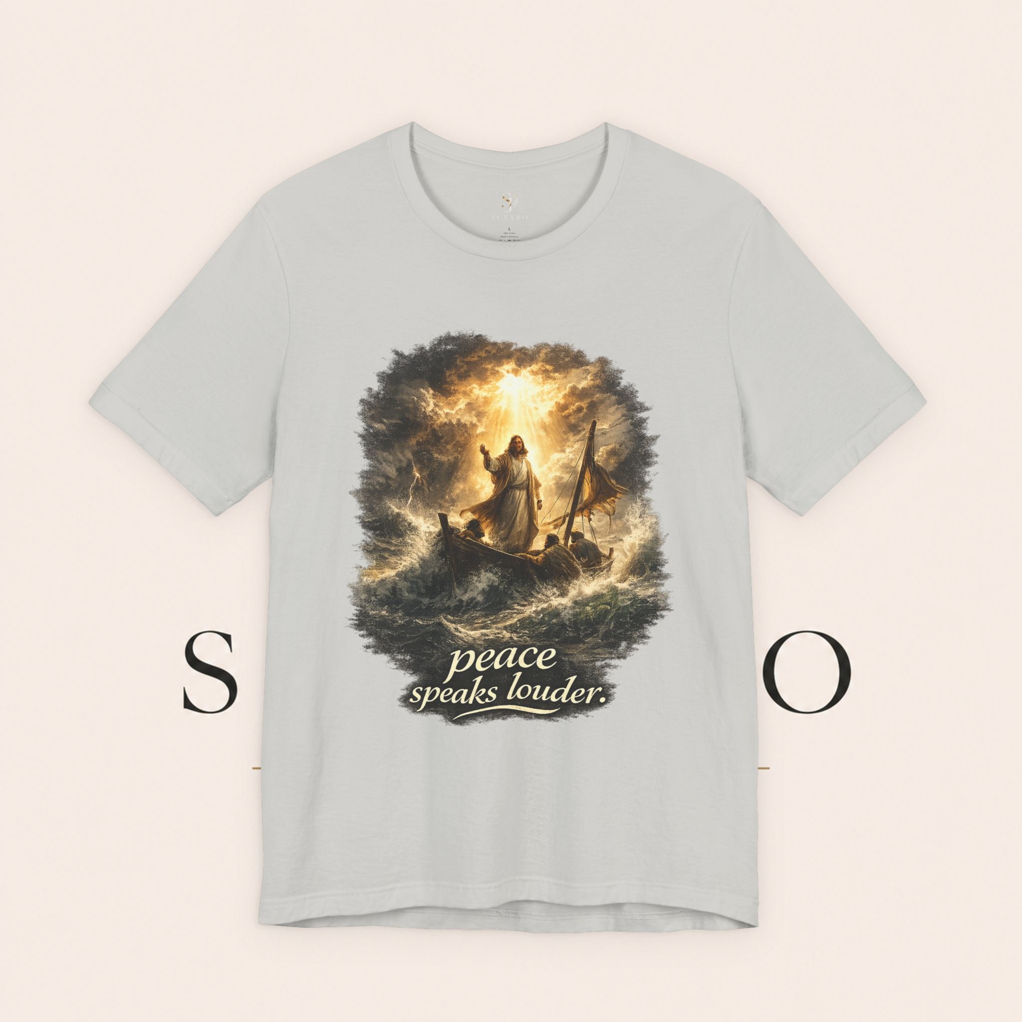 Peace Speaks Louder Christian T‑Shirt — Jesus Calming the Storm Faith Tee
