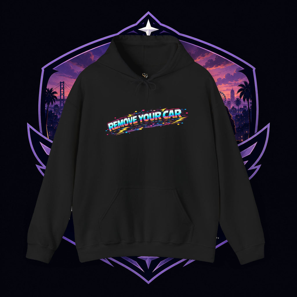 PG PERCY Remove Your Car Hoodie — "Who's Car is This?" Neon Retro Street Art Pullover
