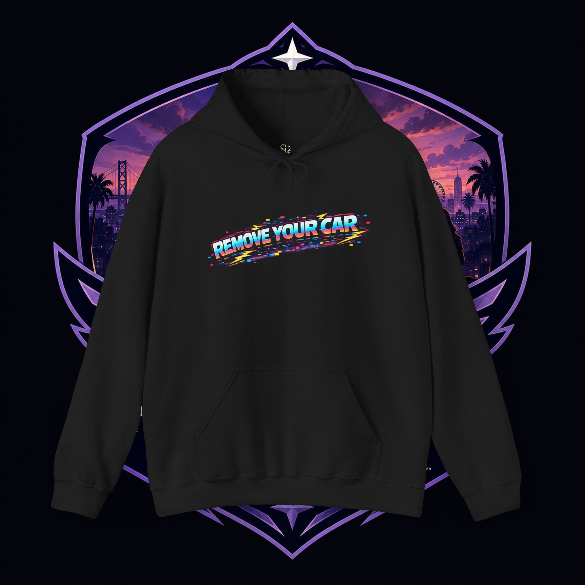 PG PERCY Remove Your Car Hoodie — "Who's Car is This?" Neon Retro Street Art Pullover