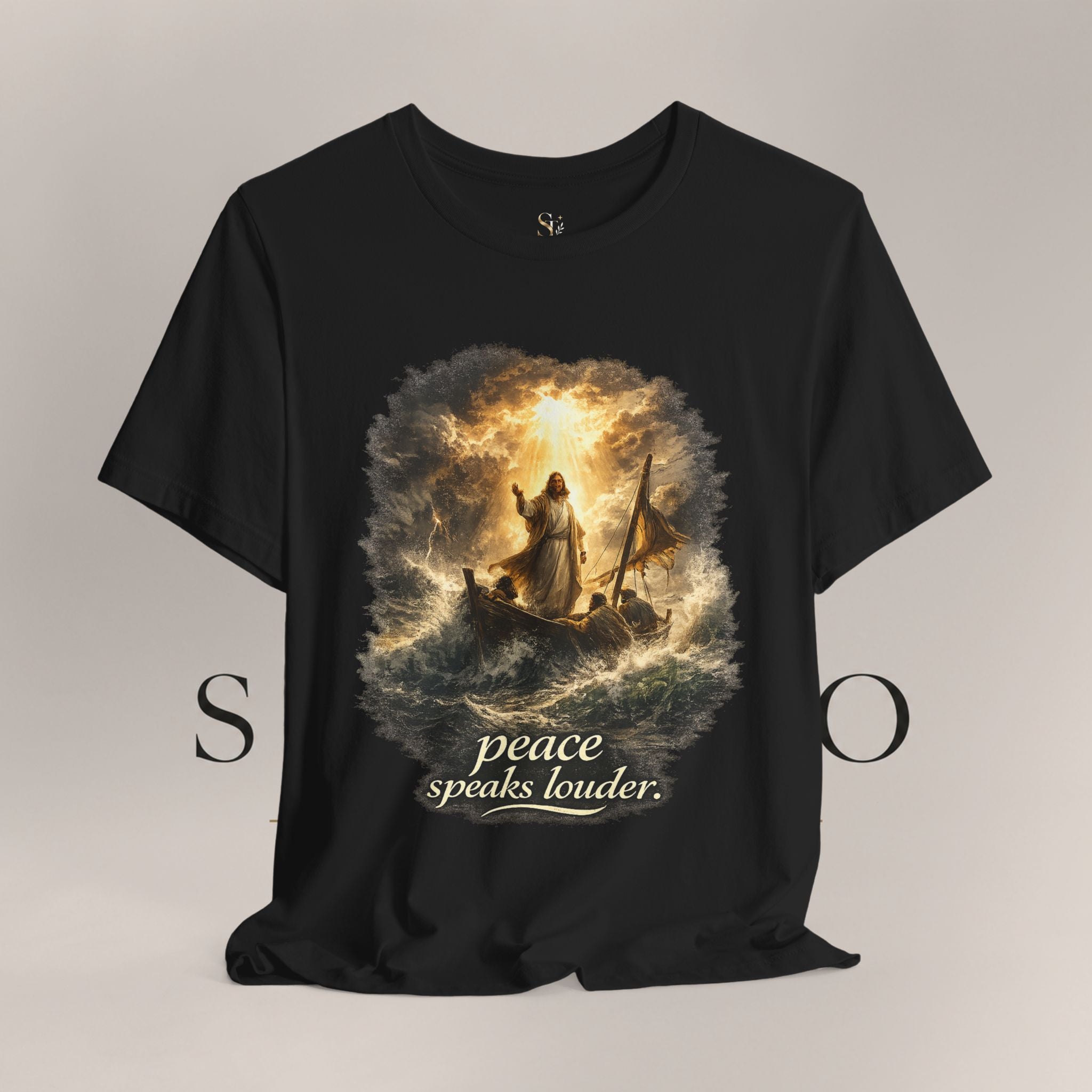 Peace Speaks Louder Christian T‑Shirt — Jesus Calming the Storm Faith Tee