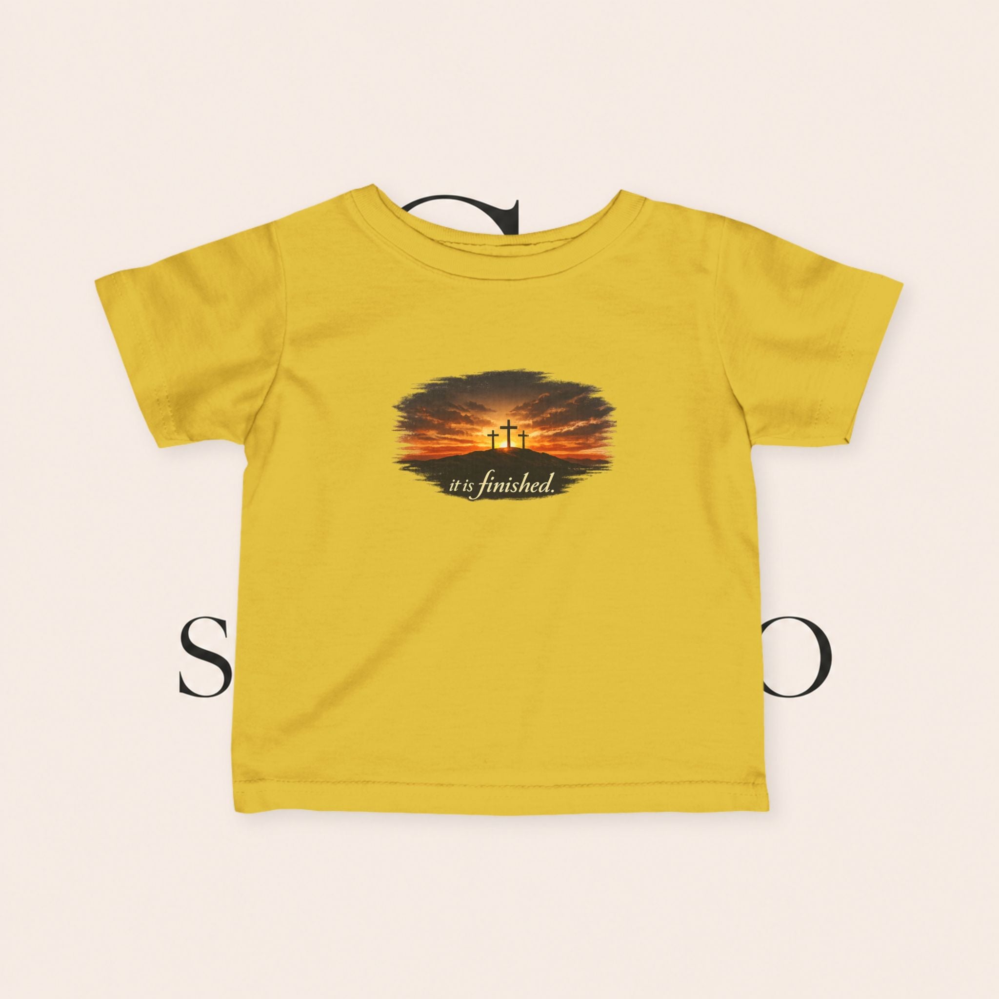 Infant Tee — Sunset Three Crosses "It Is Finished" Christian Baby Shirt