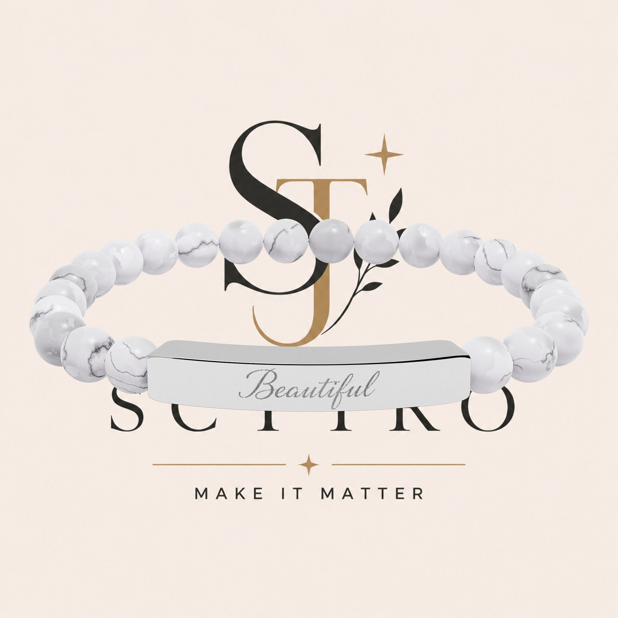 Engraved Natural Stone Bar Bracelet — Personalized Stretch Beaded Bracelet
