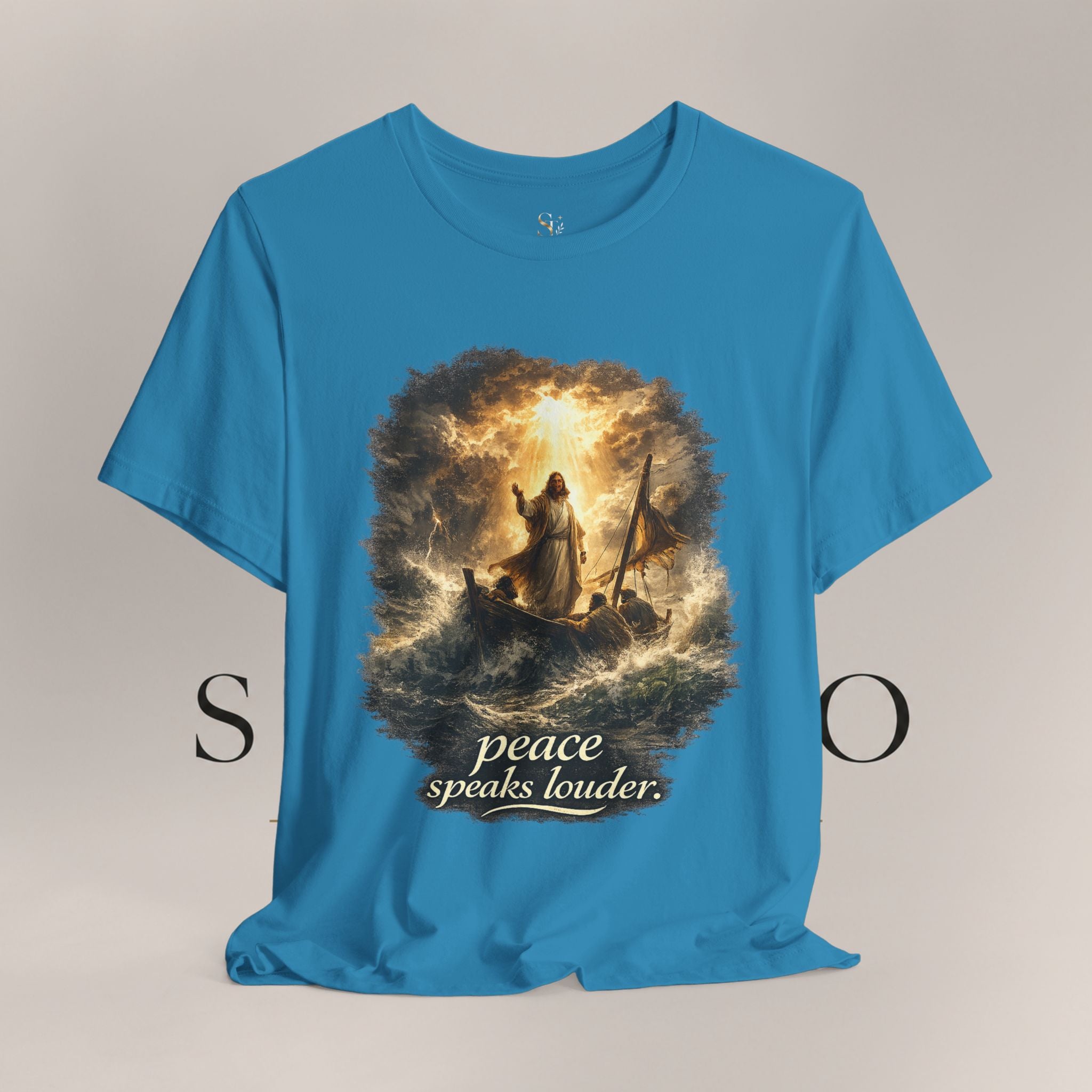 Peace Speaks Louder Christian T‑Shirt — Jesus Calming the Storm Faith Tee