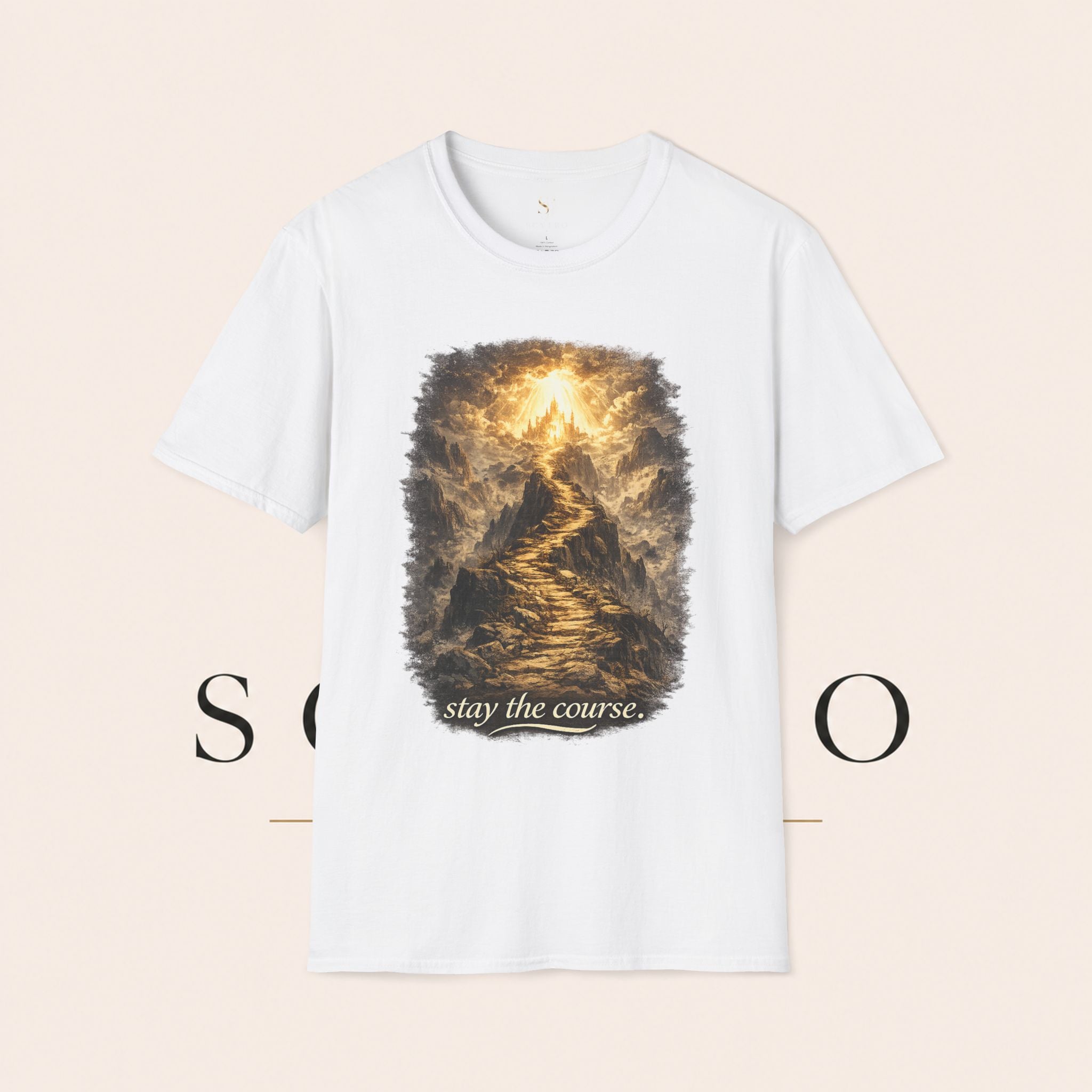 T-Shirt — 'Stay the Course' Ascending Light Mountain Graphic Tee