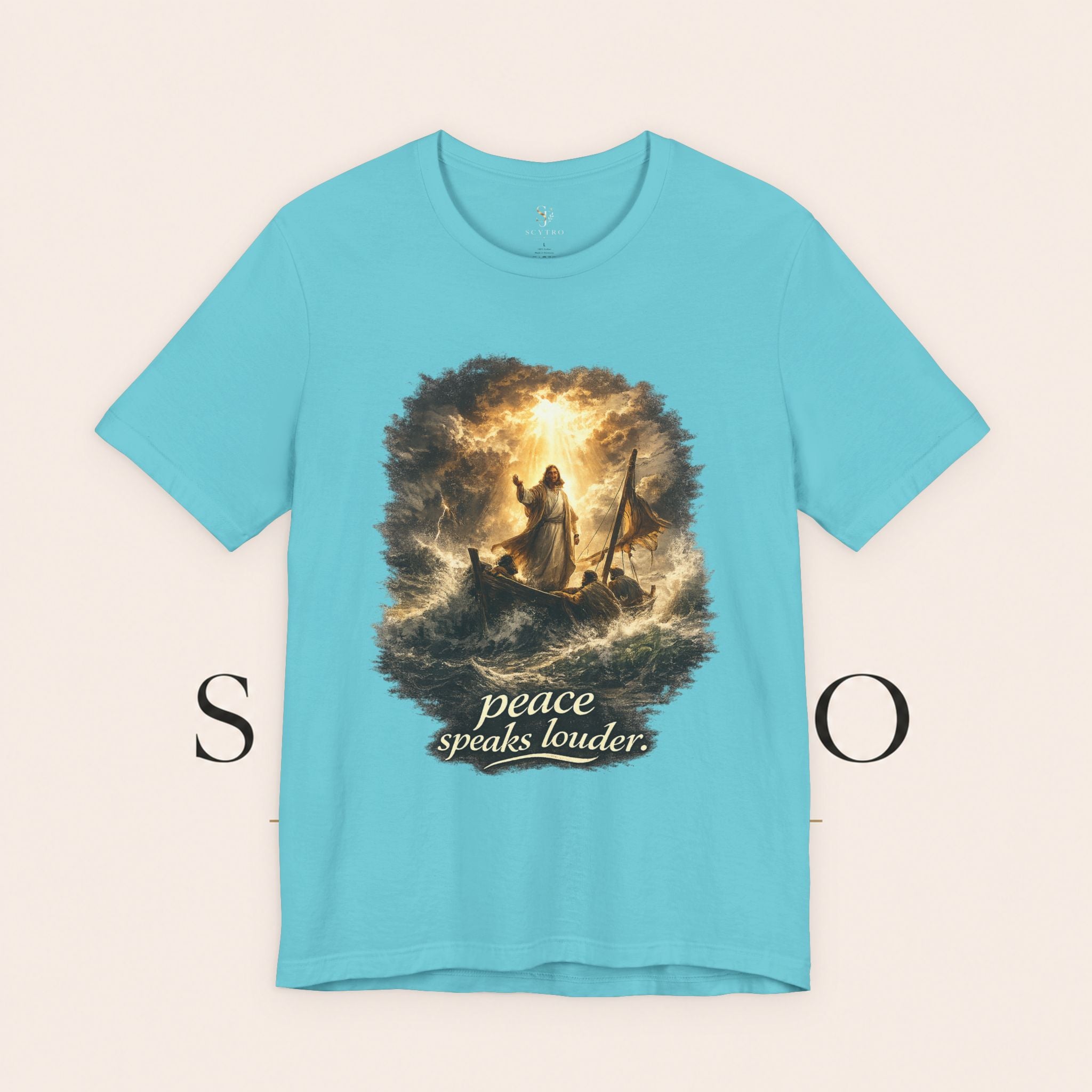 Peace Speaks Louder Christian T‑Shirt — Jesus Calming the Storm Faith Tee