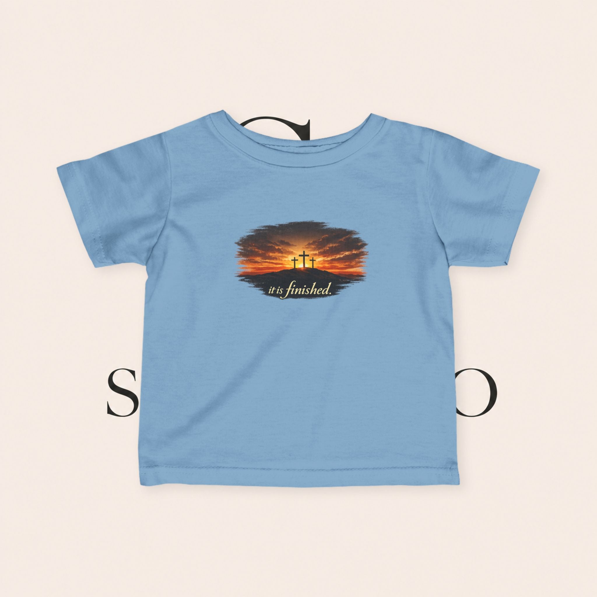 Infant Tee — Sunset Three Crosses "It Is Finished" Christian Baby Shirt