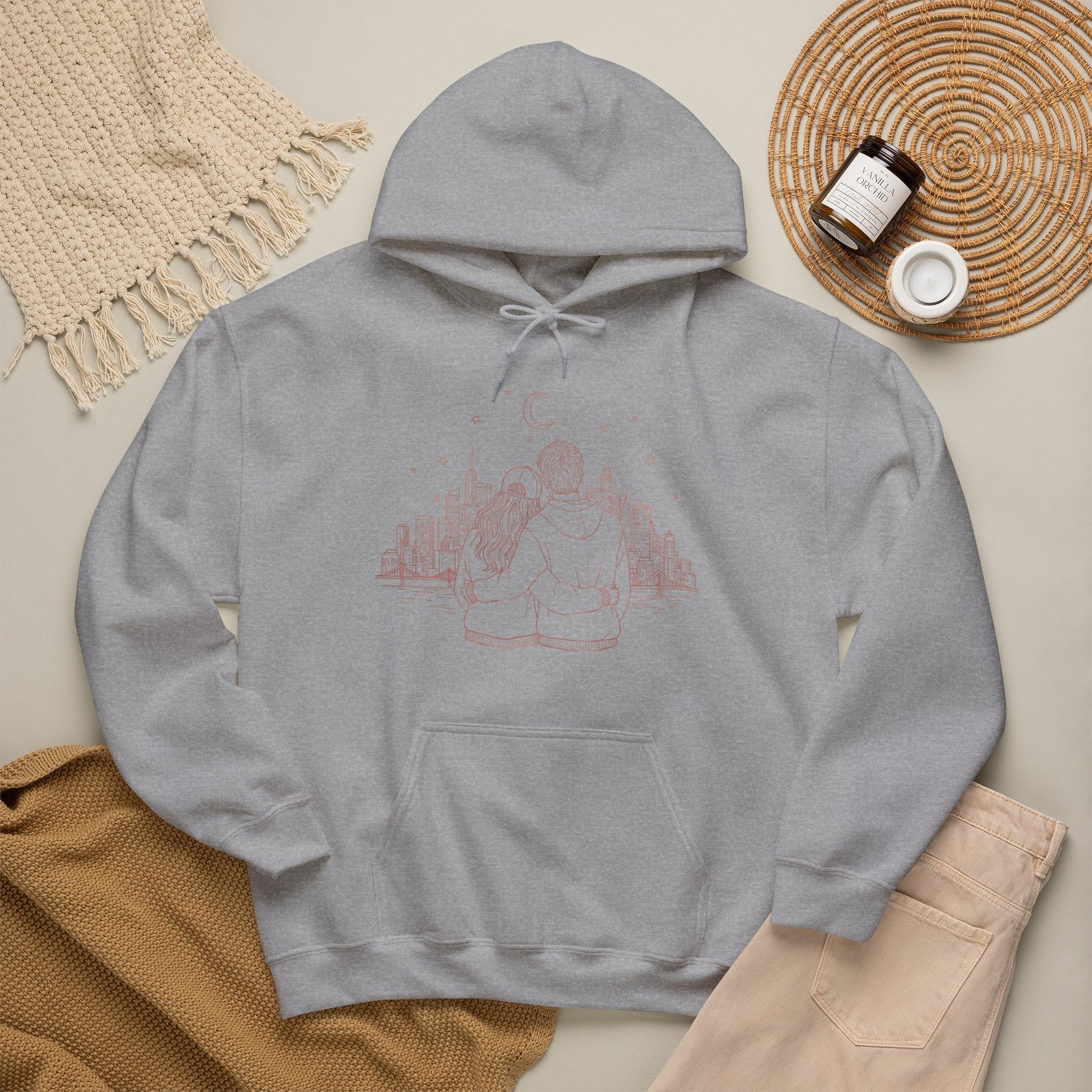 Calm City Meditation Hoodie — Zen Seated Figure Skyline Design