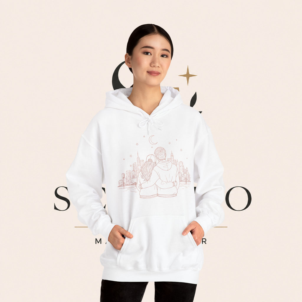 Calm City Meditation Hoodie — Zen Seated Figure Skyline Design