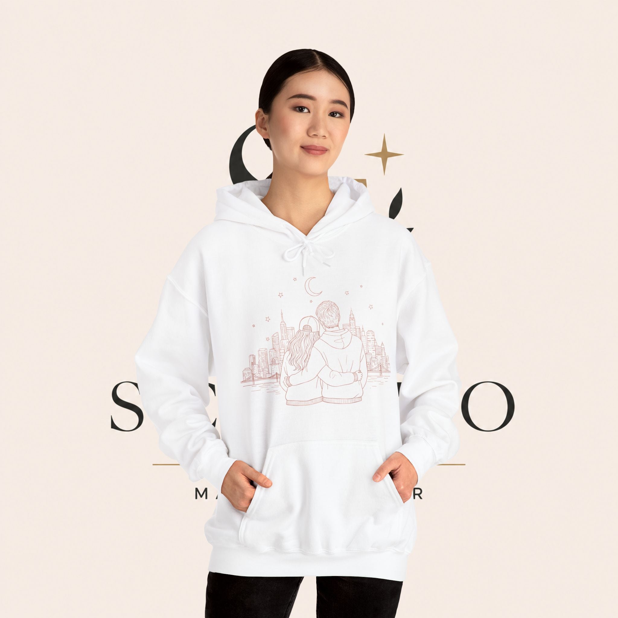 Calm City Meditation Hoodie — Zen Seated Figure Skyline Design