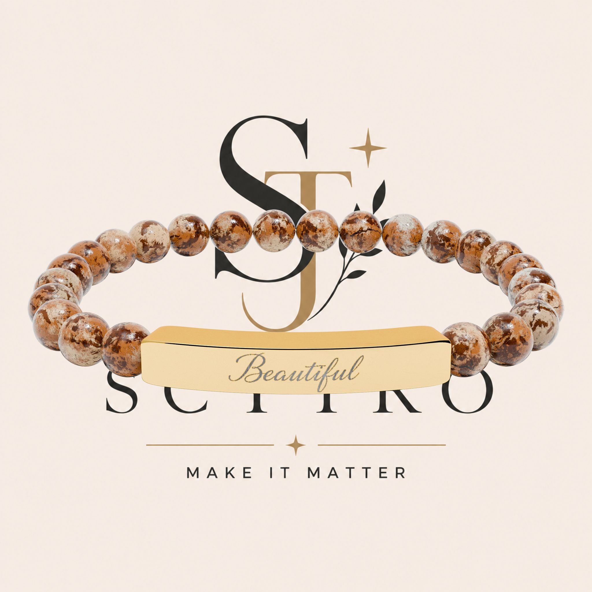 Engraved Natural Stone Bar Bracelet — Personalized Stretch Beaded Bracelet