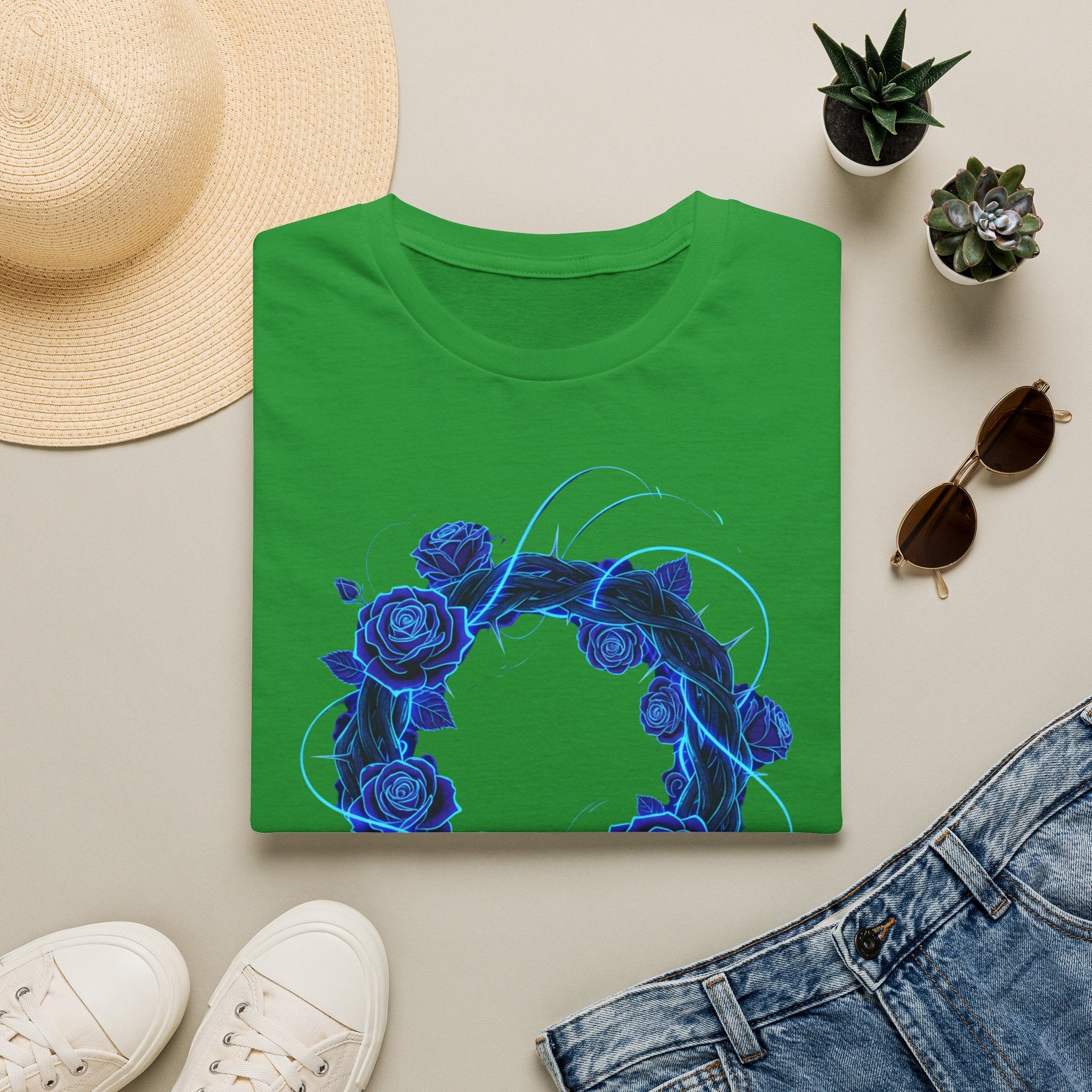 Blue Rose Wreath T-Shirt — Ethereal Floral Graphic Tee
