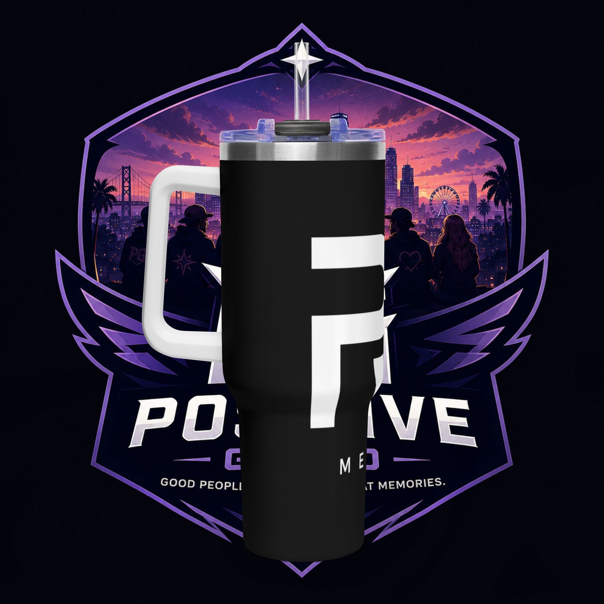 PG MERCH BRAND 40oz Vacuum Tumbler – Purple Cityscape Logo Insulated Travel Cup
