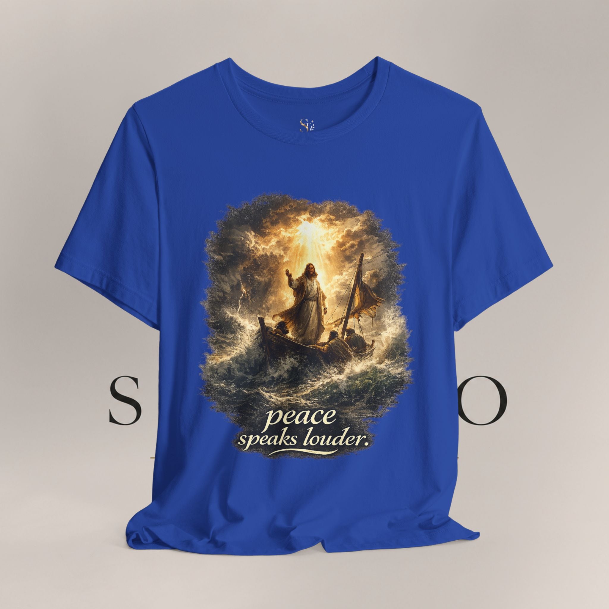 Peace Speaks Louder Christian T‑Shirt — Jesus Calming the Storm Faith Tee