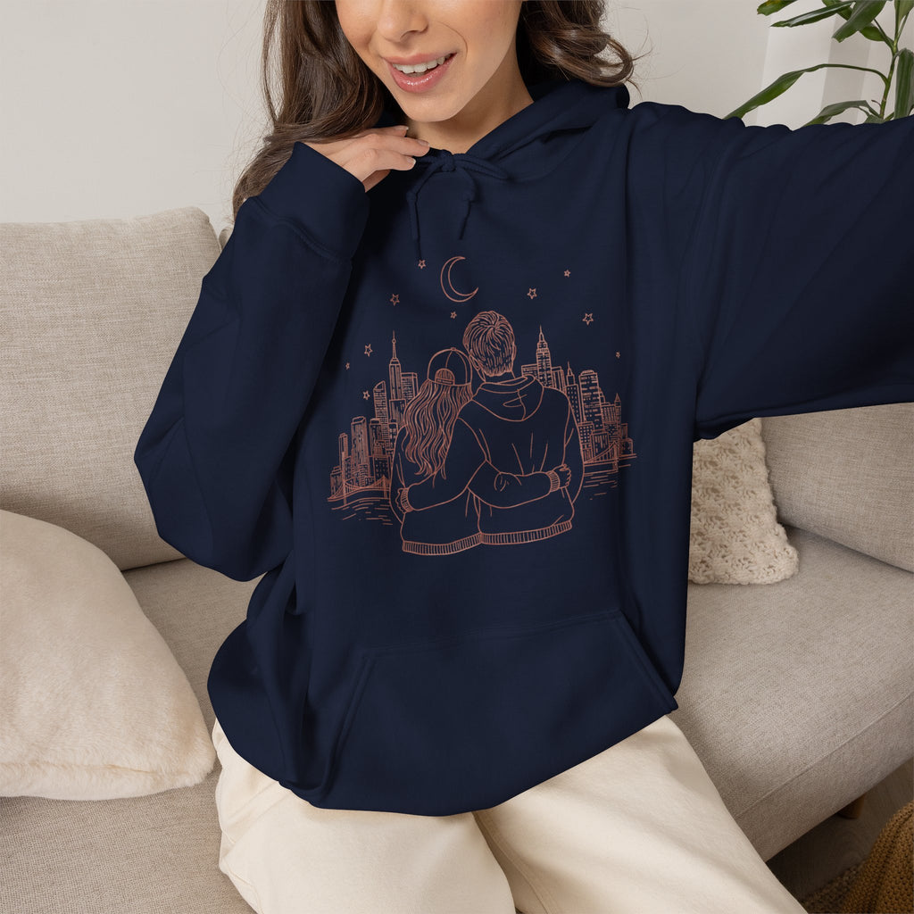 Calm City Meditation Hoodie — Zen Seated Figure Skyline Design