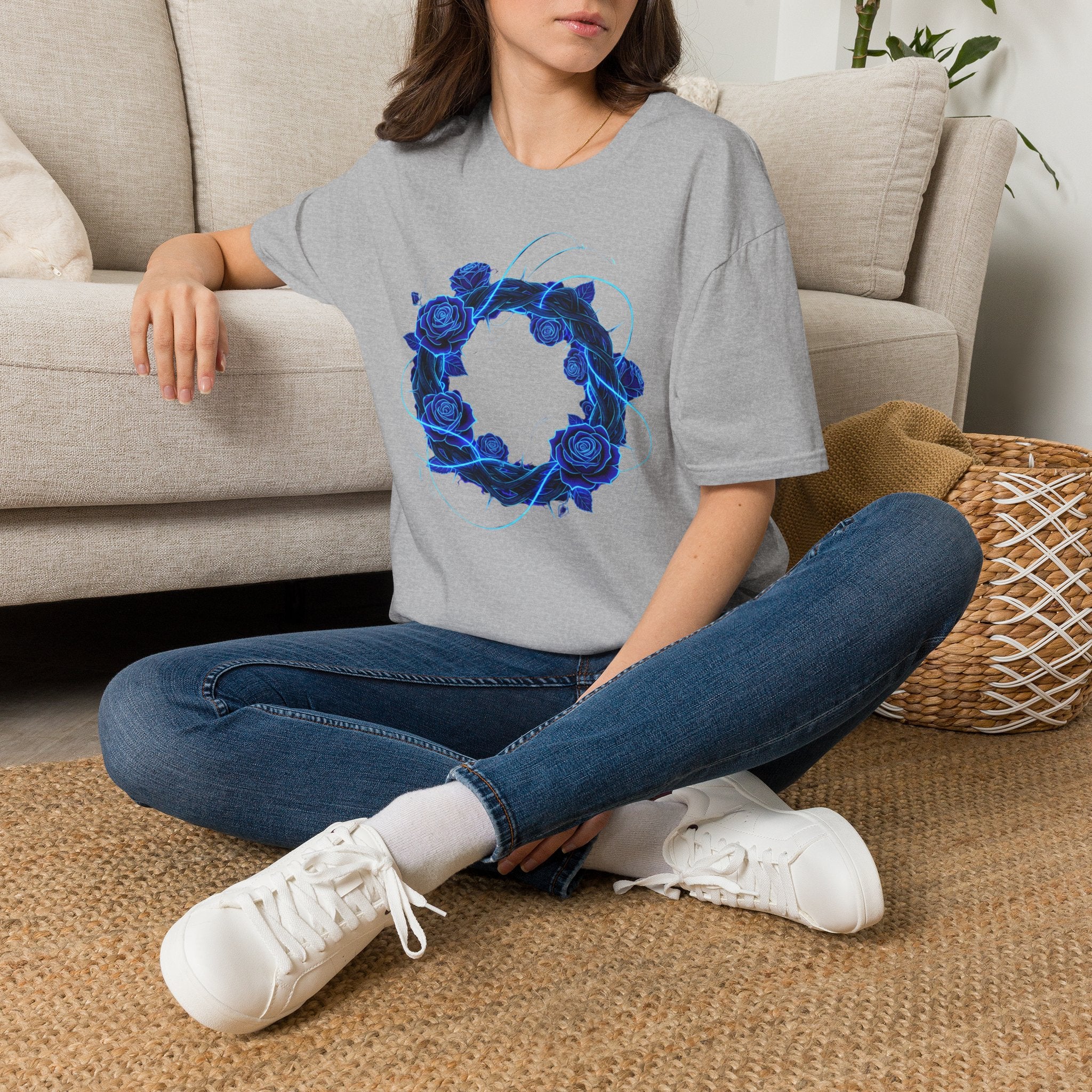 Blue Rose Wreath T-Shirt — Ethereal Floral Graphic Tee
