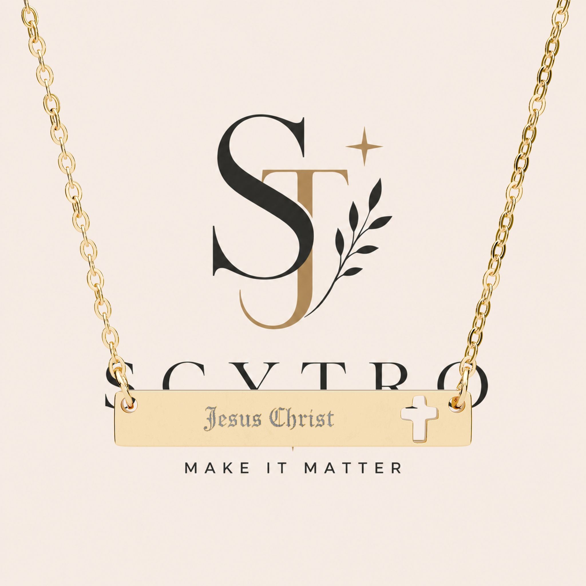 Engravable Cutout Cross Bar Necklace — Personalized Jesus Christ Name Plate