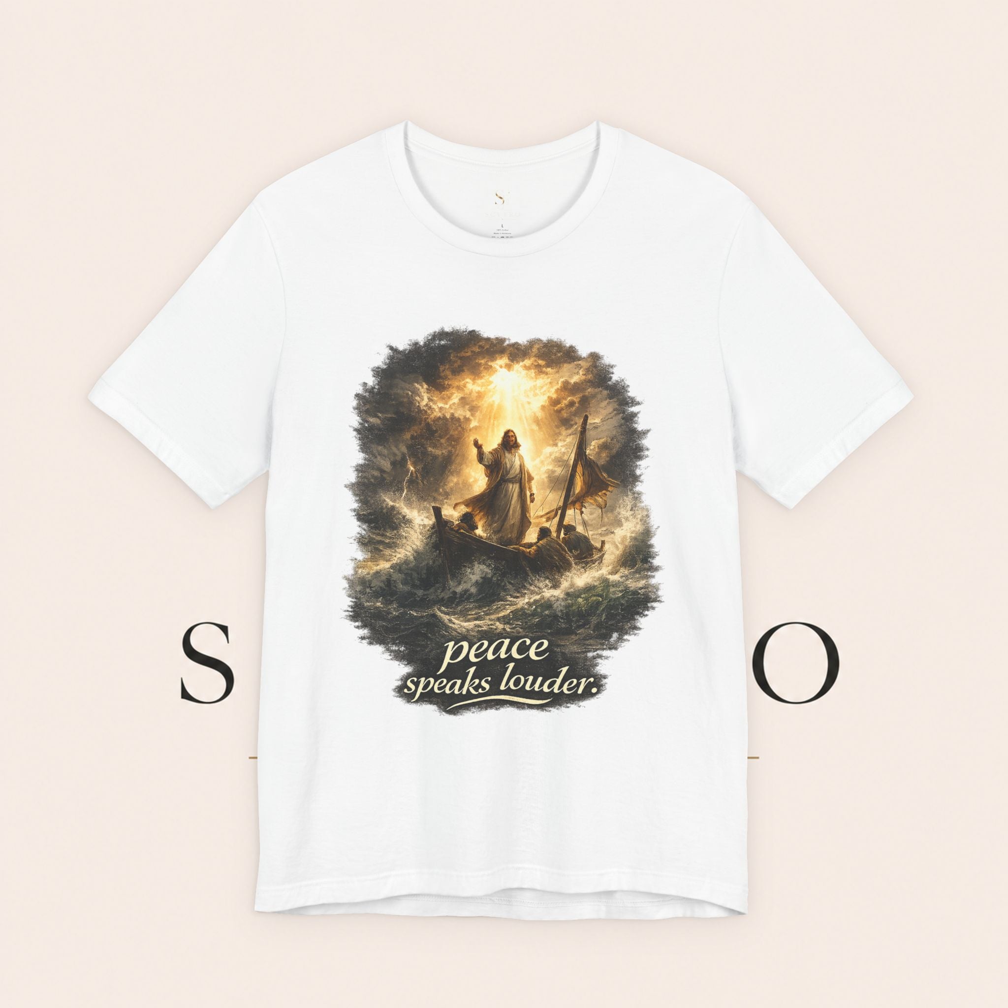 Peace Speaks Louder Christian T‑Shirt — Jesus Calming the Storm Faith Tee