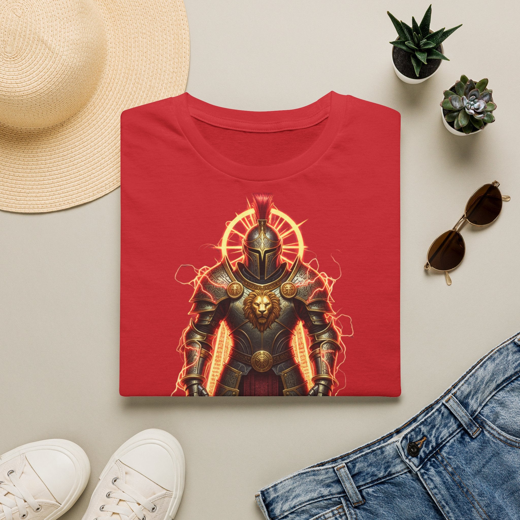 Knight of Flame Graphic T-Shirt — Fiery Medieval Armor Tee