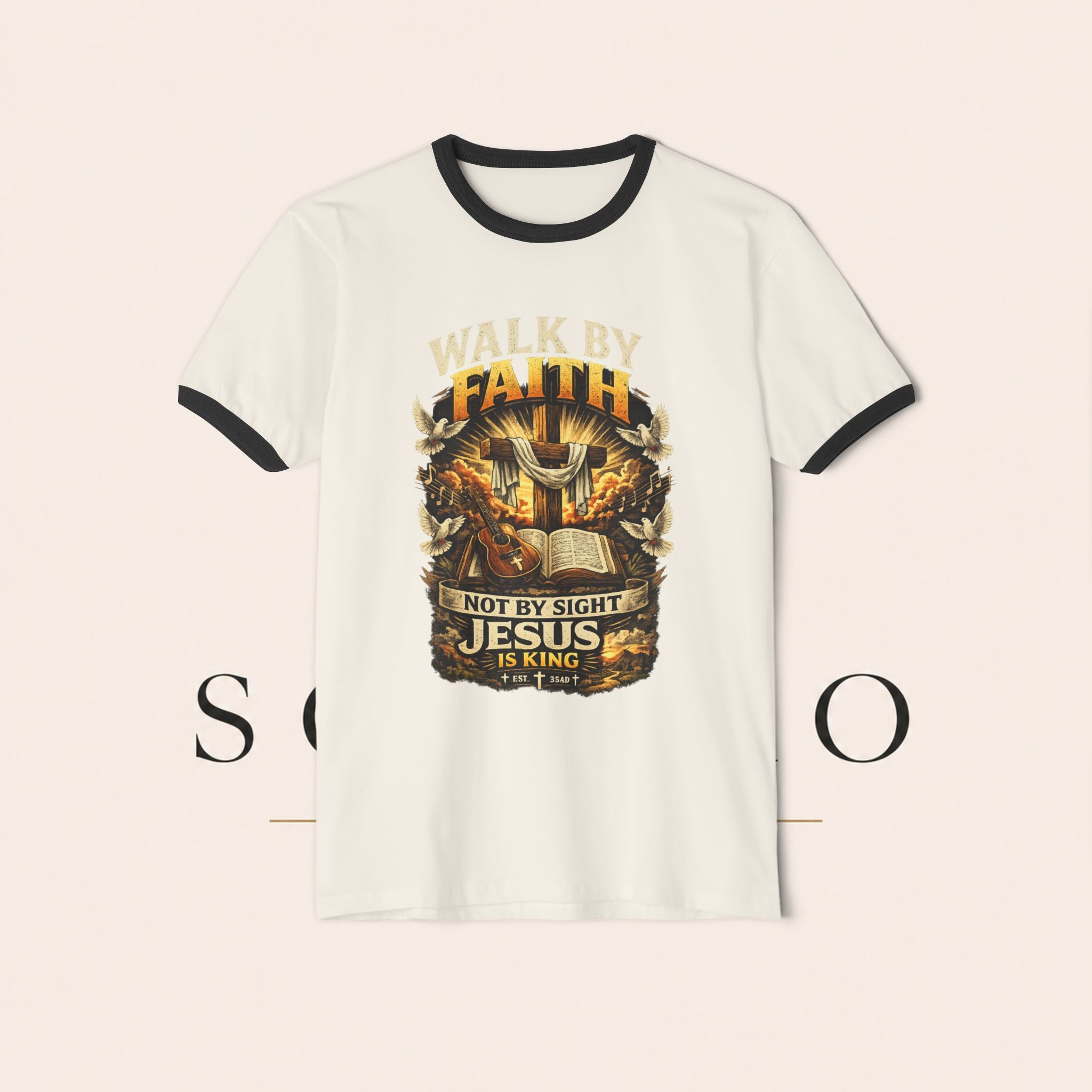 Walk by Faith Ringer T‑Shirt — 'Not By Sight Jesus Is King' Christian Tee
