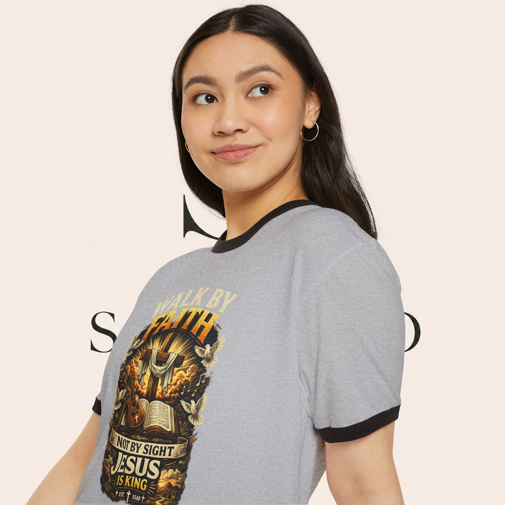 Walk by Faith Ringer T‑Shirt — 'Not By Sight Jesus Is King' Christian Tee