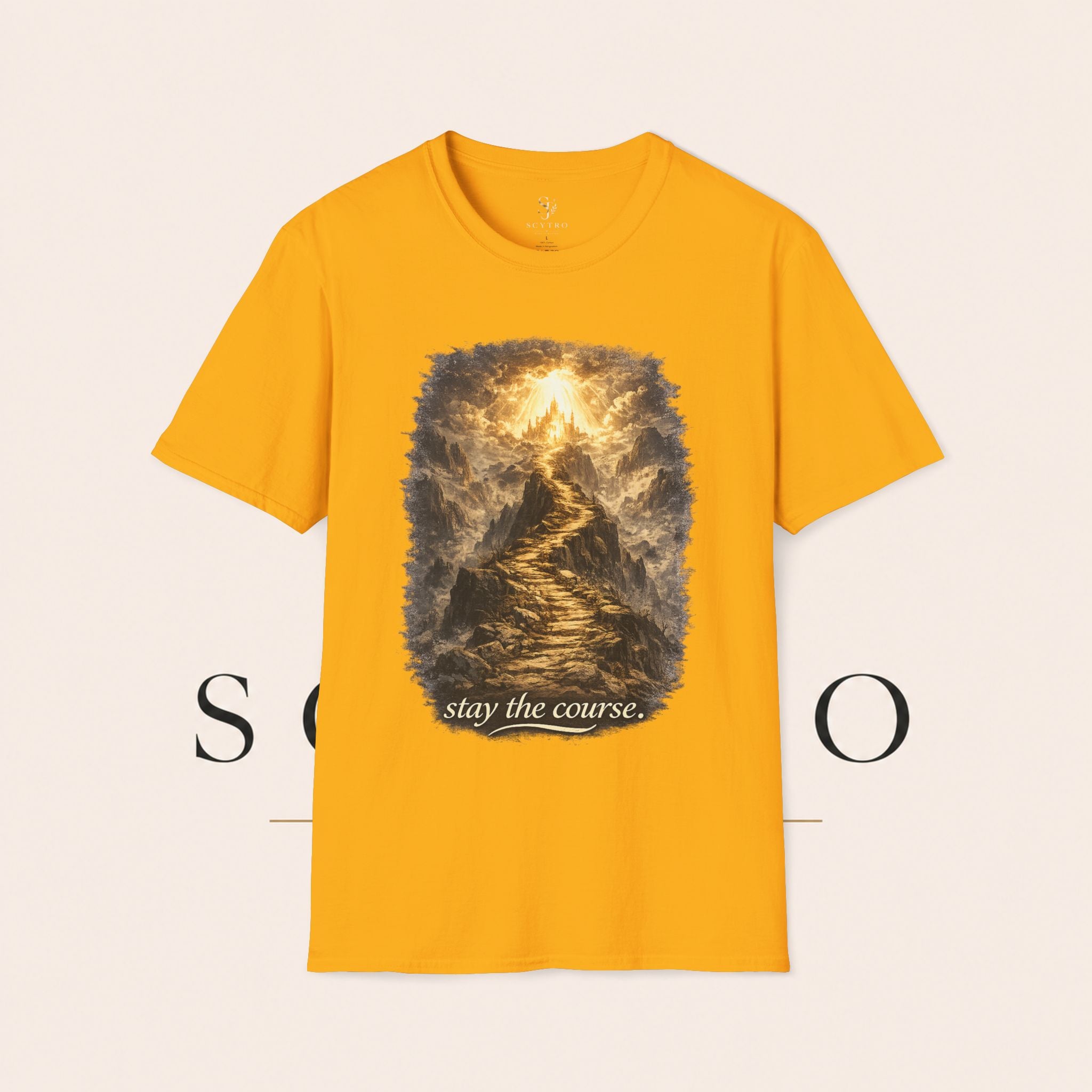 T-Shirt — 'Stay the Course' Ascending Light Mountain Graphic Tee