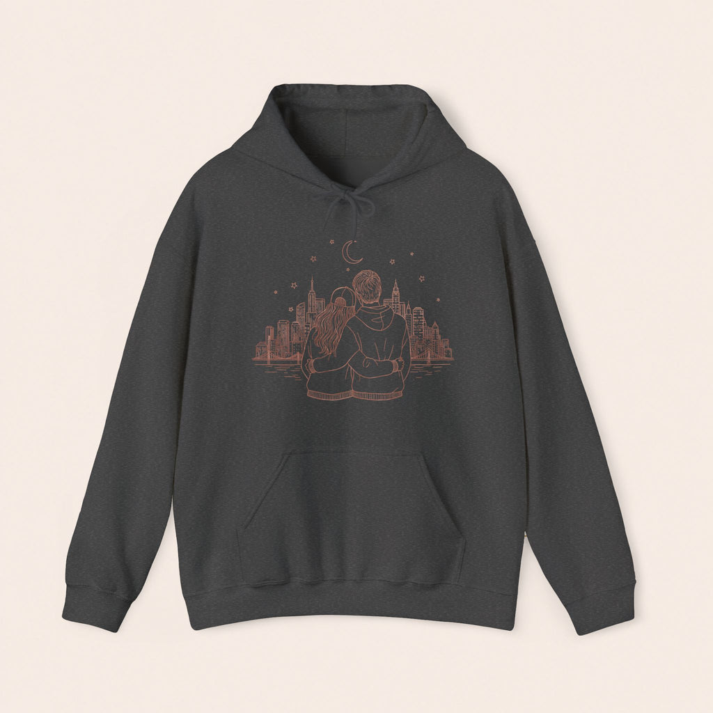 Calm City Meditation Hoodie — Zen Seated Figure Skyline Design