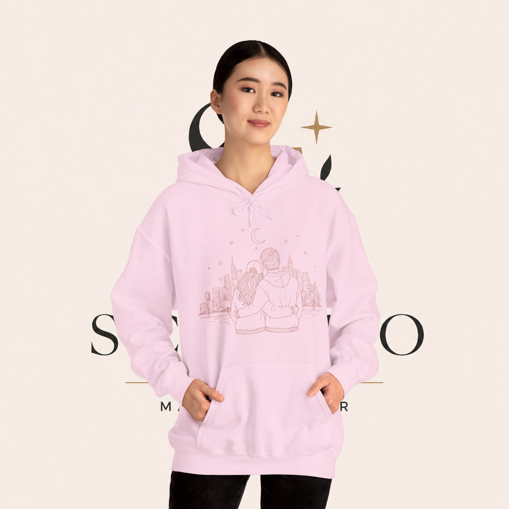 Calm City Meditation Hoodie — Zen Seated Figure Skyline Design