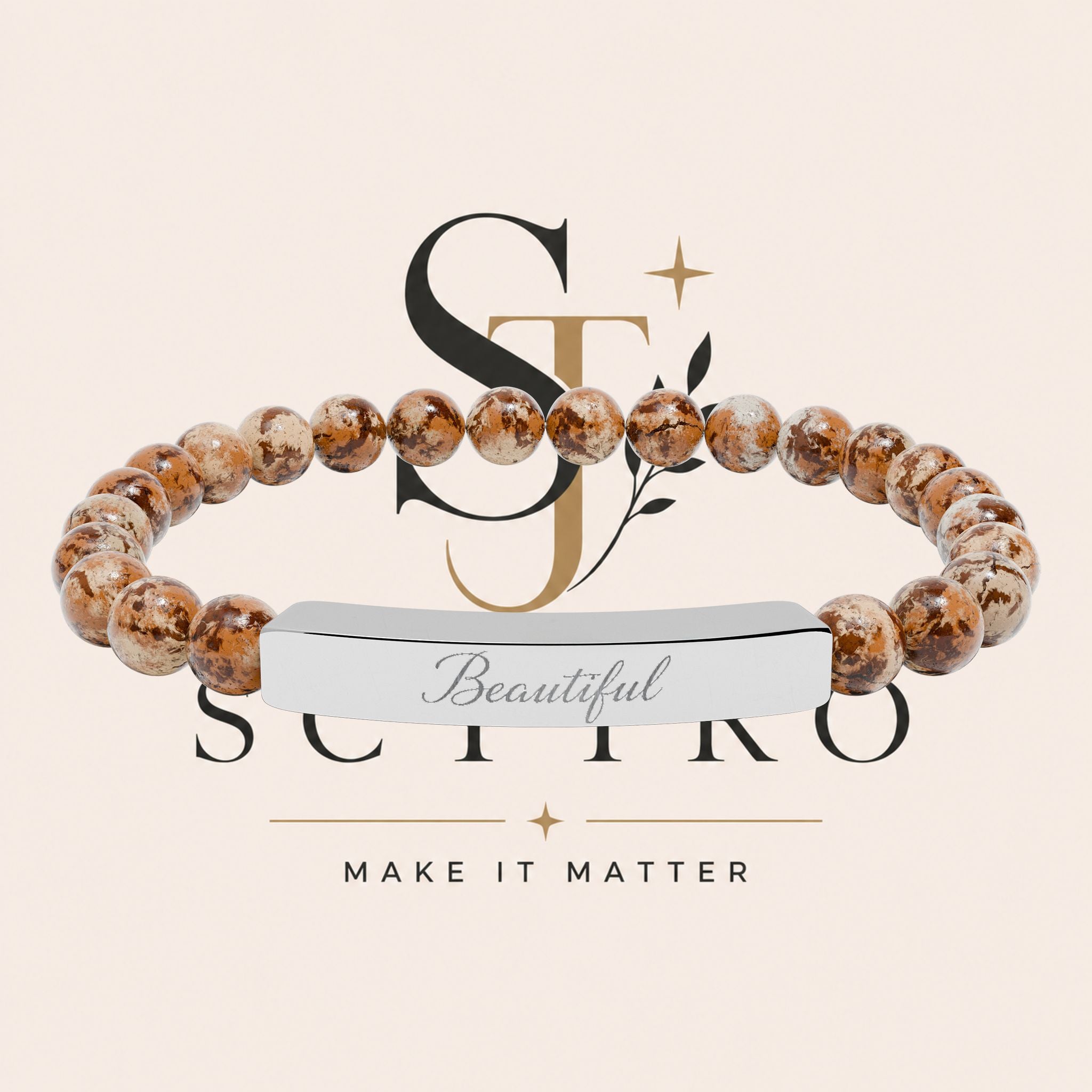Engraved Natural Stone Bar Bracelet — Personalized Stretch Beaded Bracelet