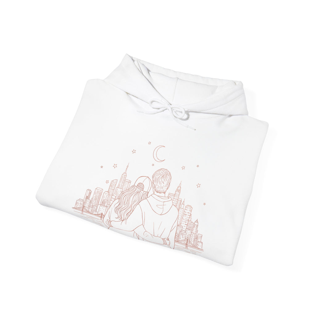 Calm City Meditation Hoodie — Zen Seated Figure Skyline Design