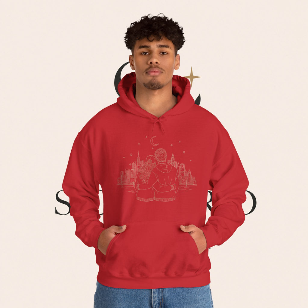 Calm City Meditation Hoodie — Zen Seated Figure Skyline Design