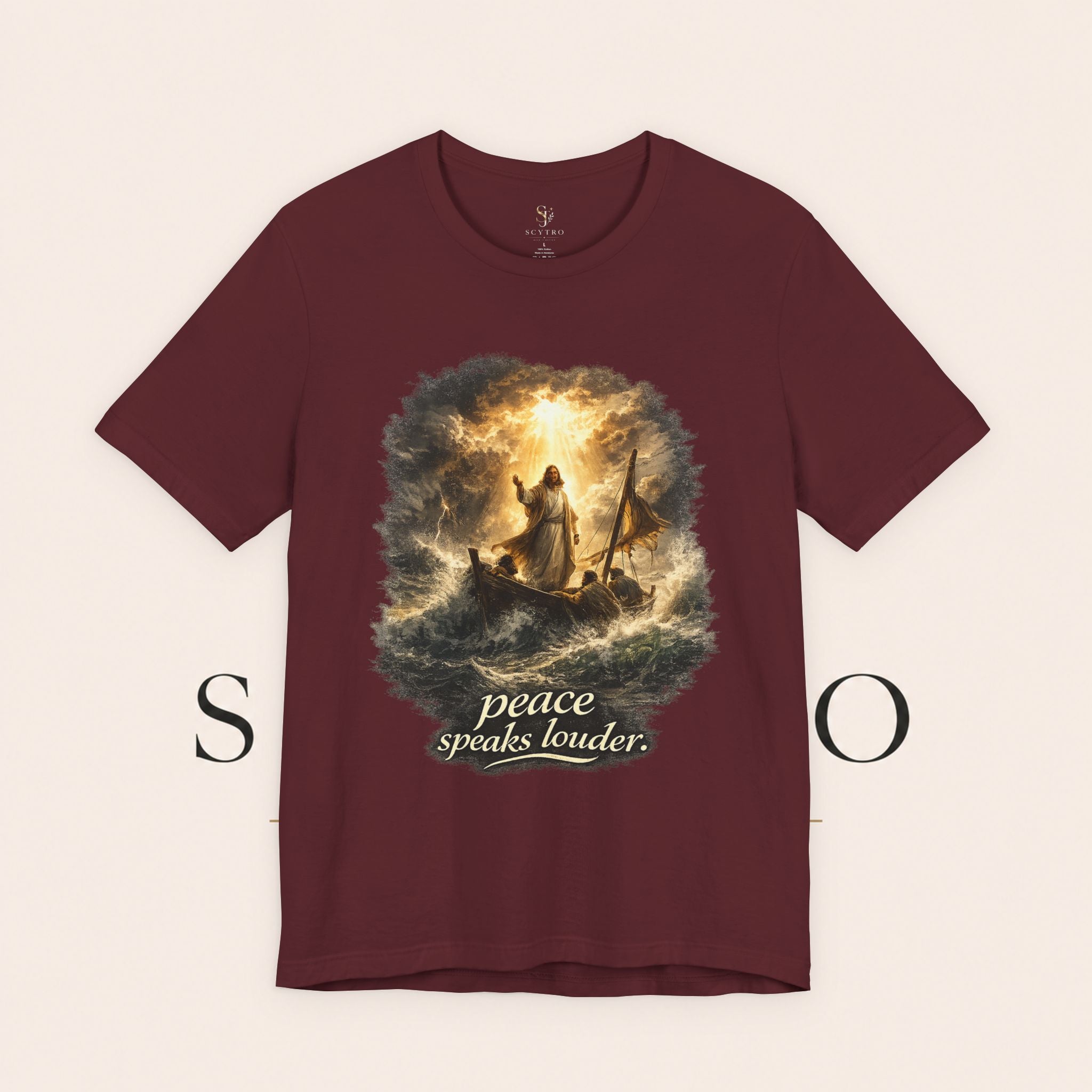 Peace Speaks Louder Christian T‑Shirt — Jesus Calming the Storm Faith Tee