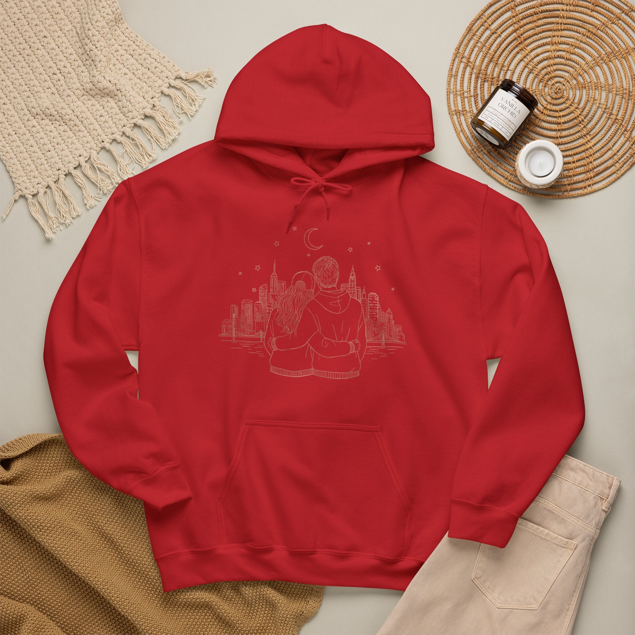 Calm City Meditation Hoodie — Zen Seated Figure Skyline Design
