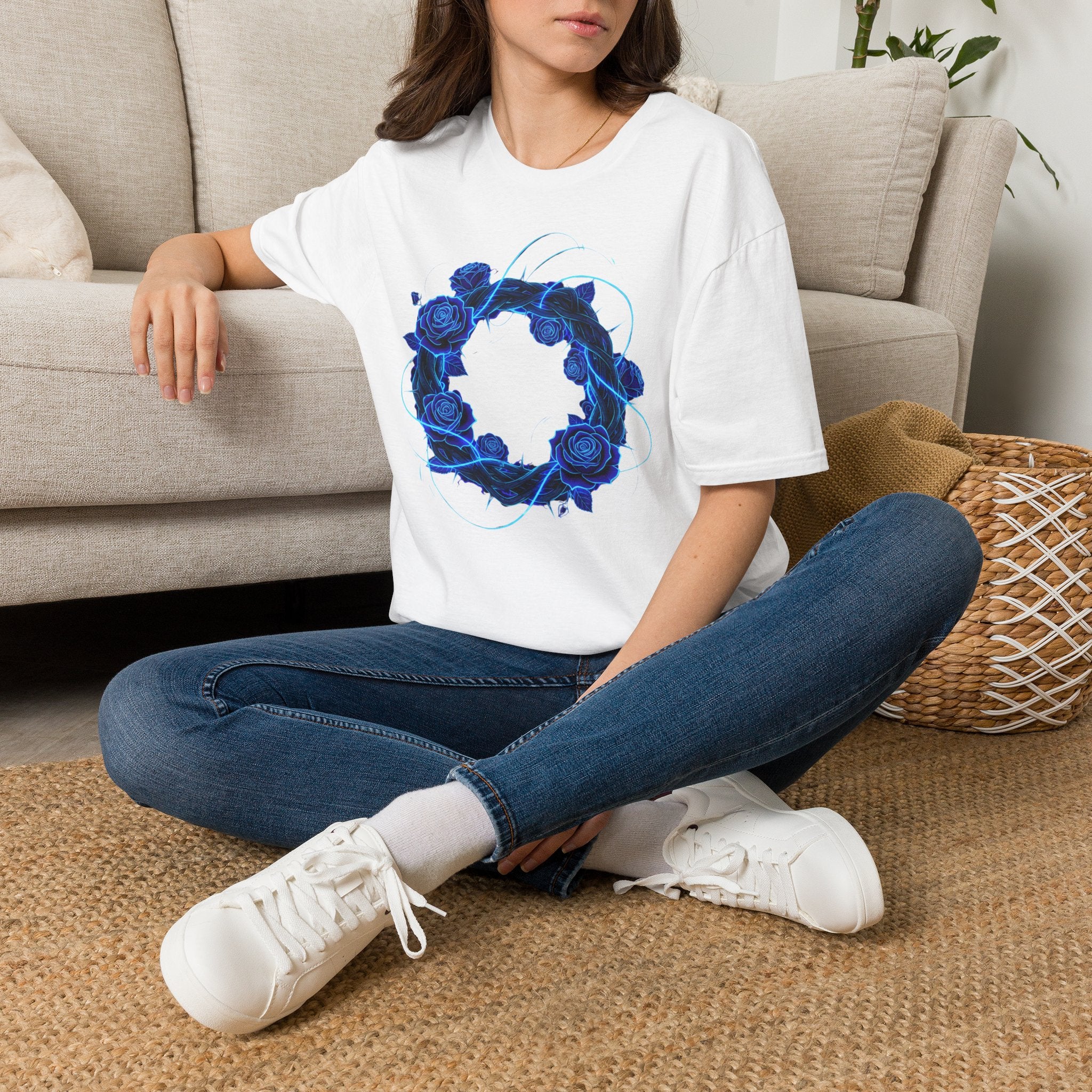 Blue Rose Wreath T-Shirt — Ethereal Floral Graphic Tee
