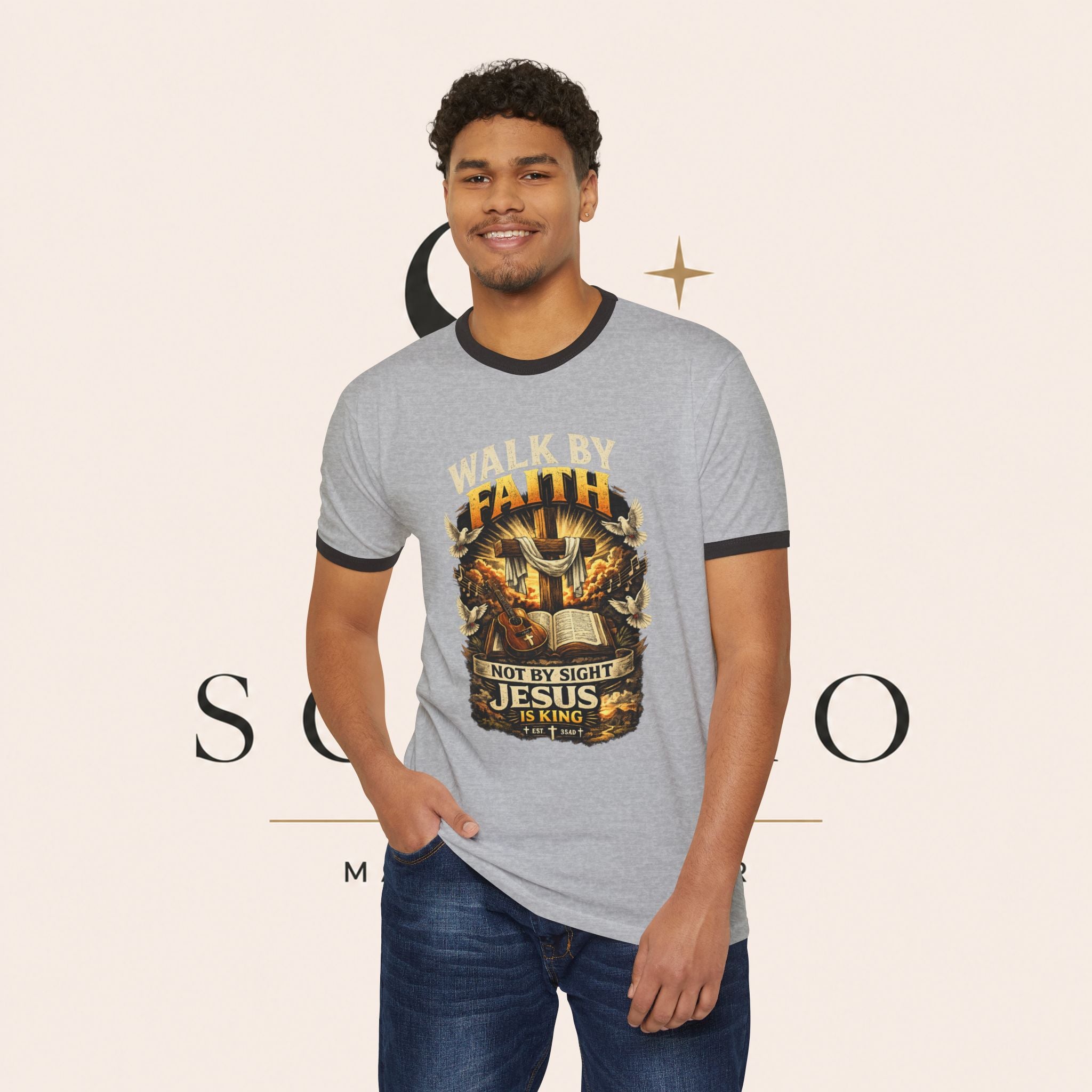 Walk by Faith Ringer T‑Shirt — 'Not By Sight Jesus Is King' Christian Tee